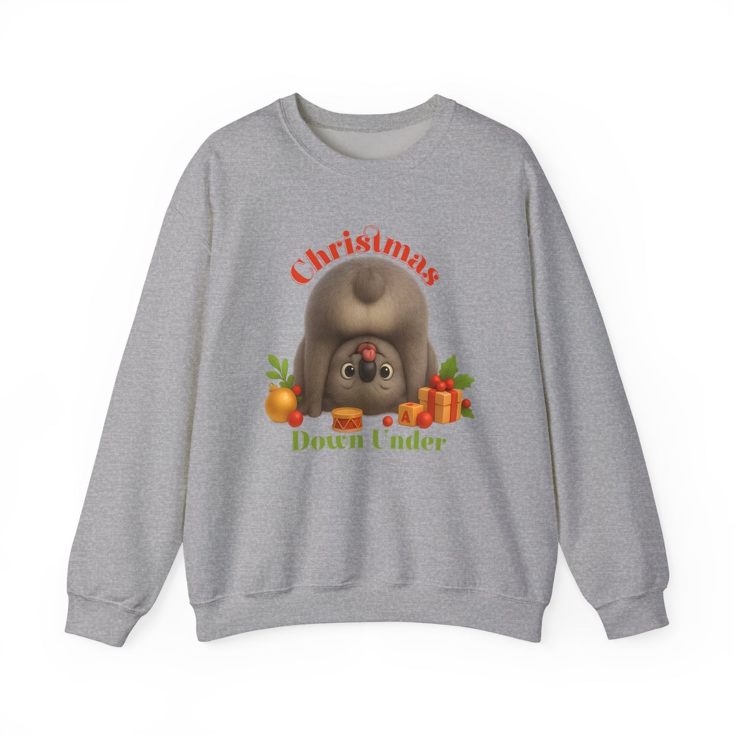 Christmas Down Under – Adult Sweatshirt | Upside Down Koala Christmas Design | Gumleaf Gang Festive Friends