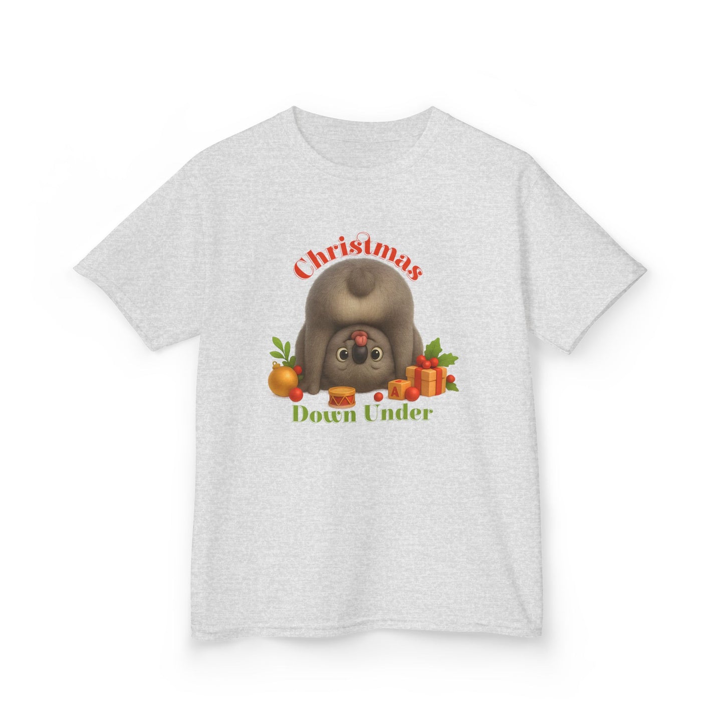 Christmas Down Under – Kids T-Shirt | Upside Down Koala Christmas Design | Gumleaf Gang Festive Friends