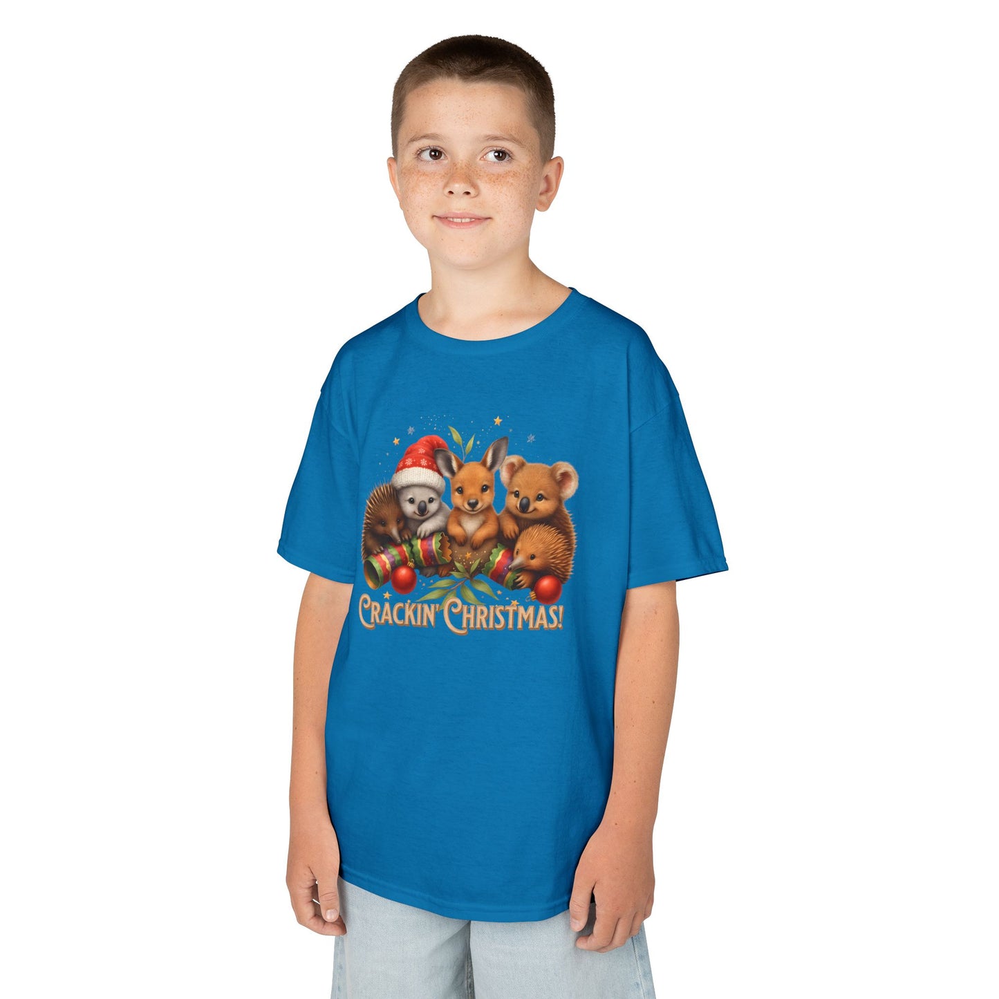 Crackin’ Christmas – Kids T-Shirt | Aussie Wildlife Koala, Kangaroo and Echidna | Gumleaf Gang Festive Friends
