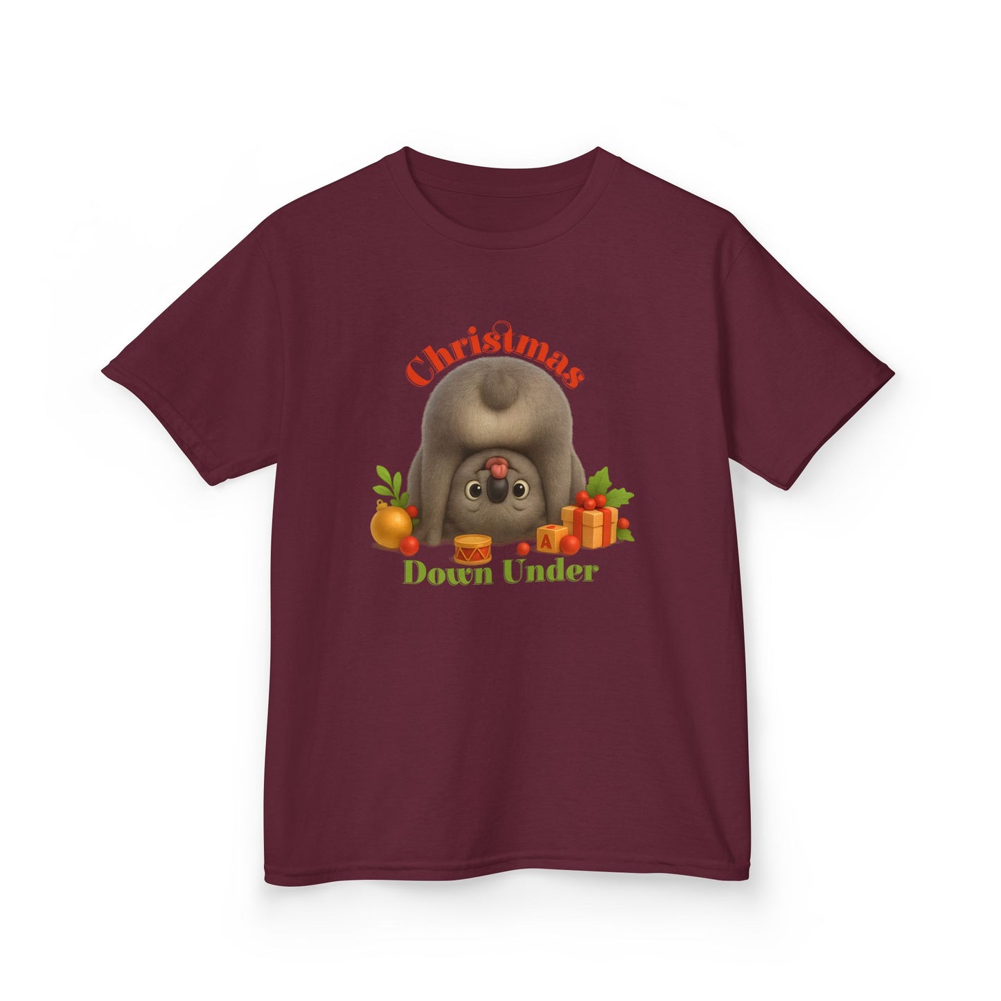 Christmas Down Under – Kids T-Shirt | Upside Down Koala Christmas Design | Gumleaf Gang Festive Friends