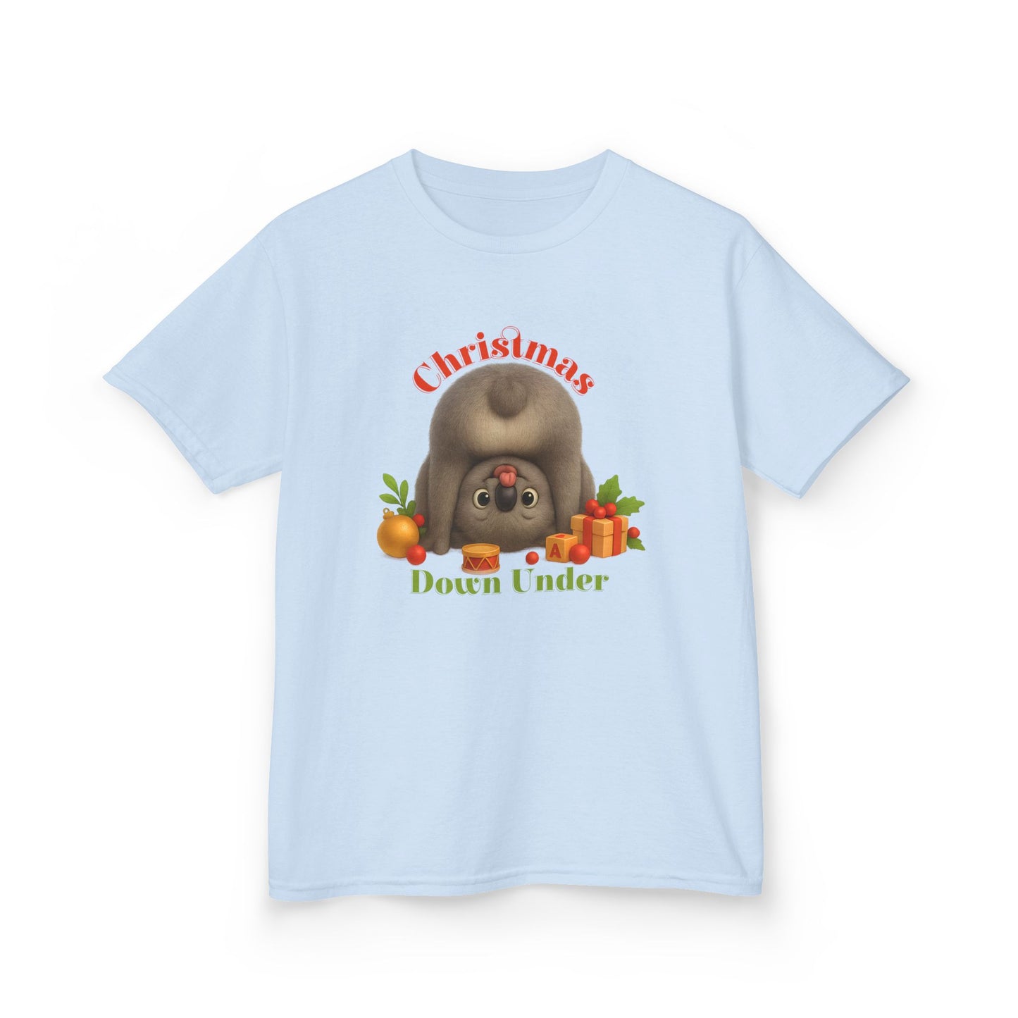 Christmas Down Under – Kids T-Shirt | Upside Down Koala Christmas Design | Gumleaf Gang Festive Friends