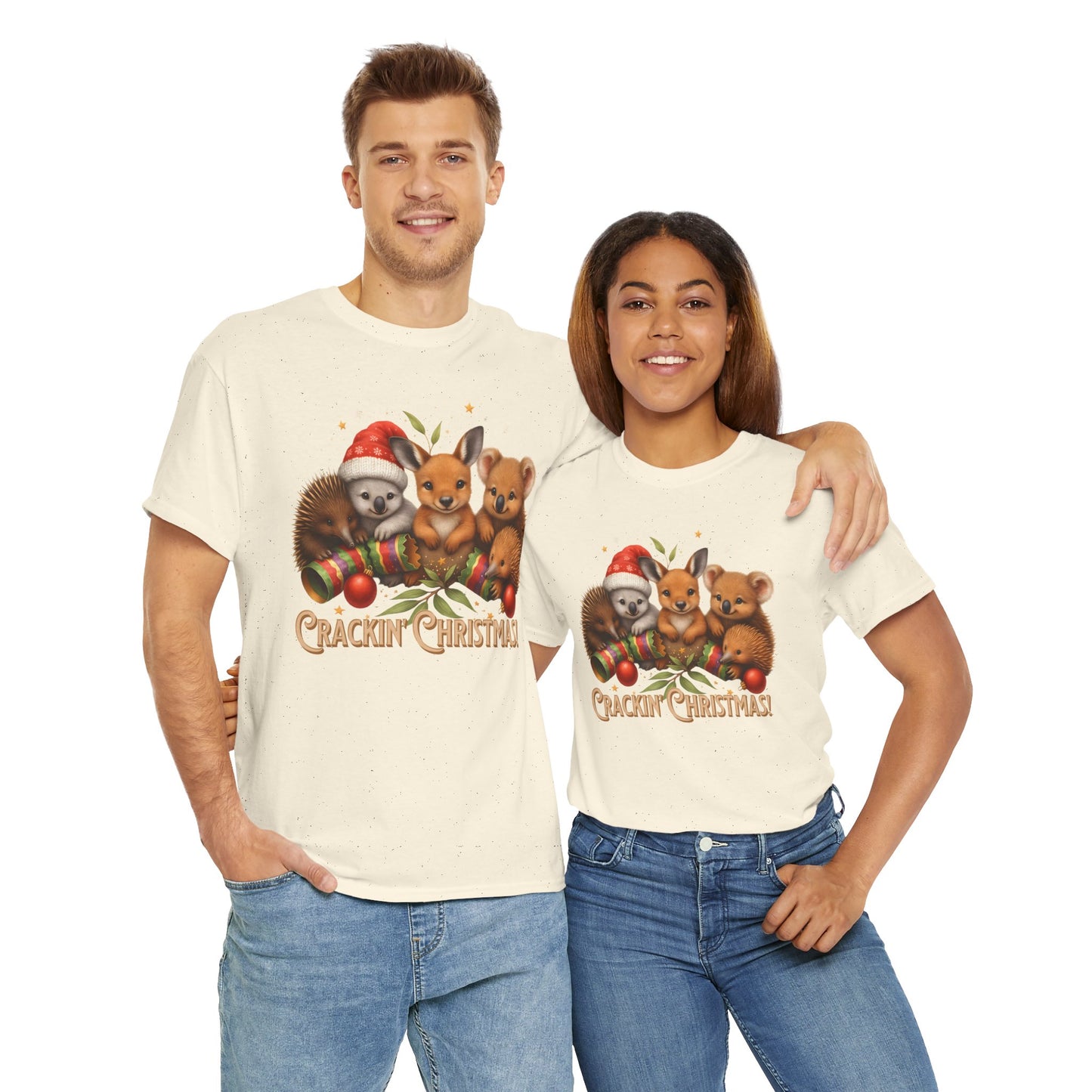 Crackin’ Christmas – Adult T-Shirt | Aussie Wildlife Koala, Kangaroo and Echidna | Gumleaf Gang Festive Friends