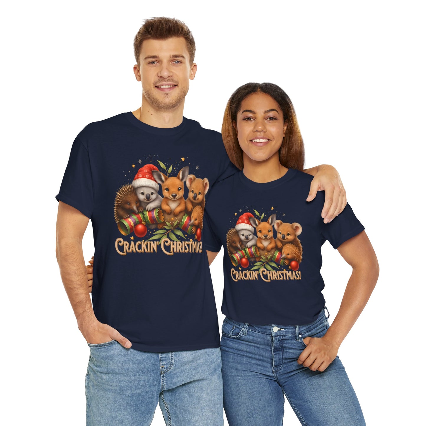Crackin’ Christmas – Adult T-Shirt | Aussie Wildlife Koala, Kangaroo and Echidna | Gumleaf Gang Festive Friends