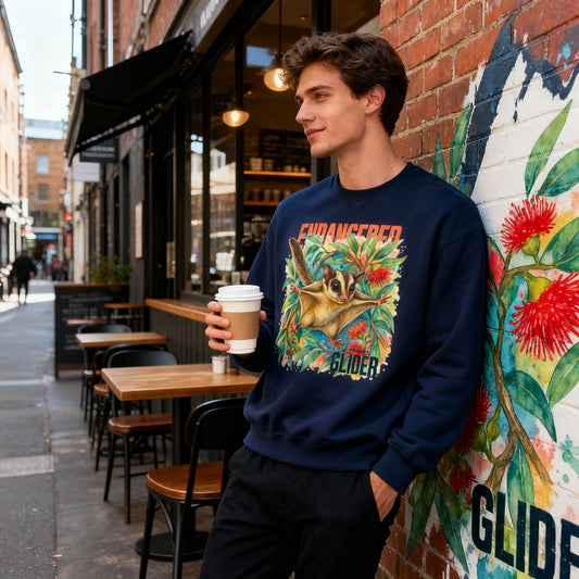 Endangered Mahogany Glider – Adult Sweatshirt | Australian Wildlife Conservation Design | Waratah and Wood Hearts and Habitats