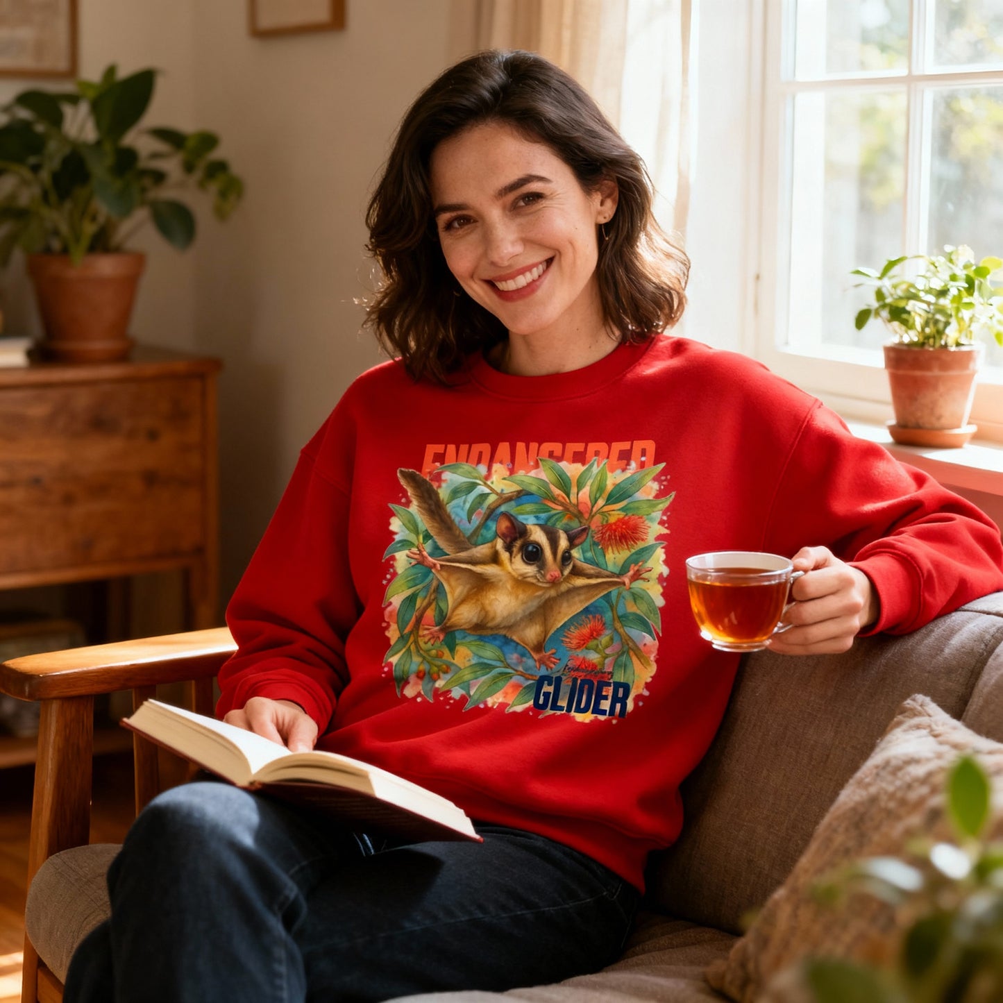 Endangered Mahogany Glider – Adult Sweatshirt | Australian Wildlife Conservation Design | Waratah and Wood Hearts and Habitats
