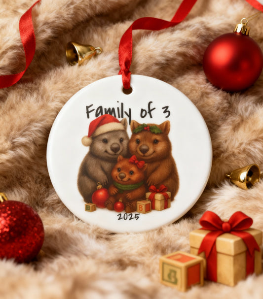 Family of 3 Australian Animal Christmas Ornament – Wombat Design – 2025 Festive Keepsake