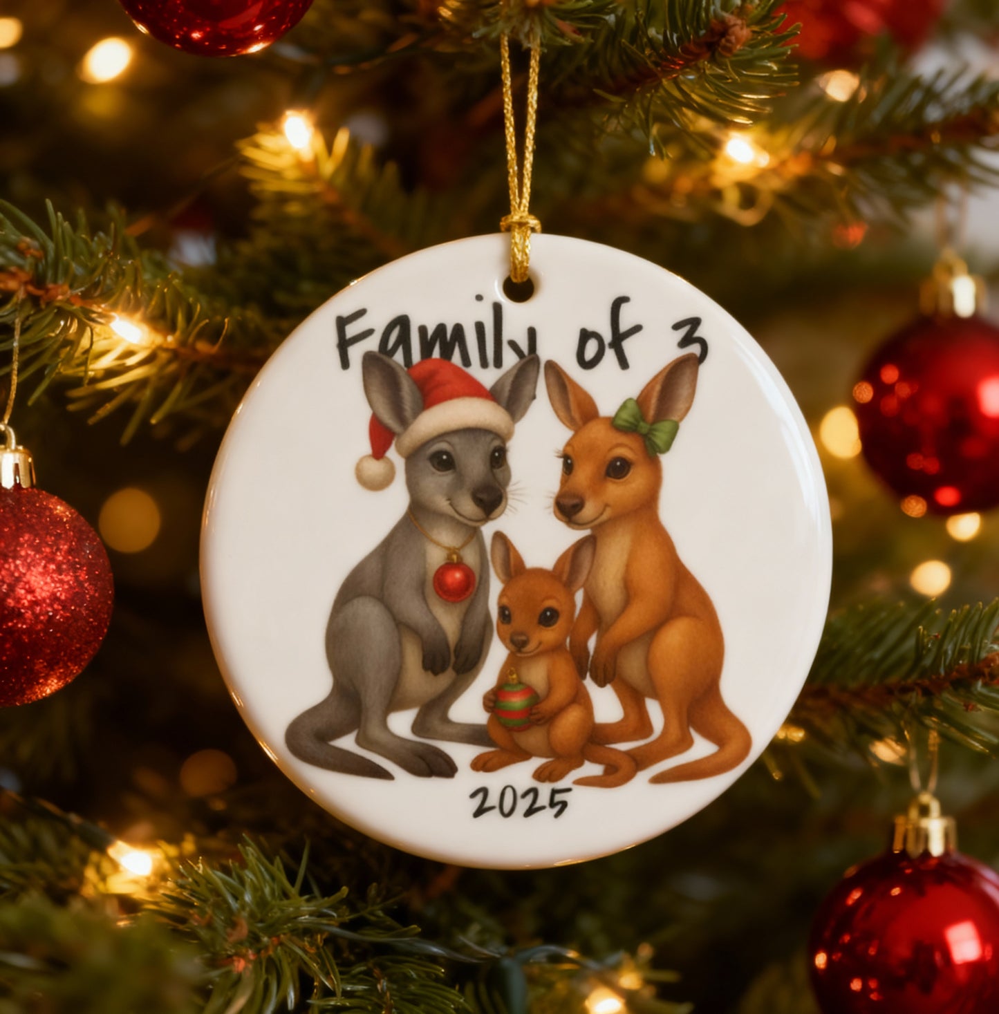 Family of 3 Australian Animal Christmas Ornament – Kangaroo Design – 2025 Festive Keepsake