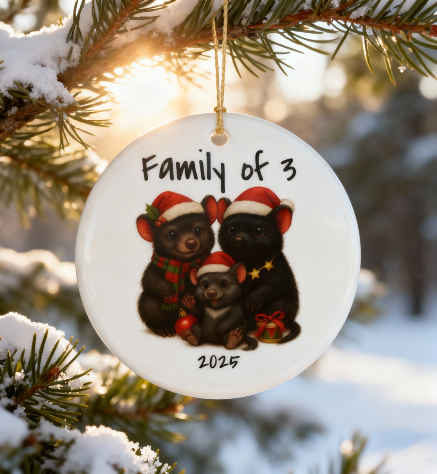 Family of 3 Australian Animal Christmas Ornament – Tasmanian Devil Design – 2025 Festive Keepsake