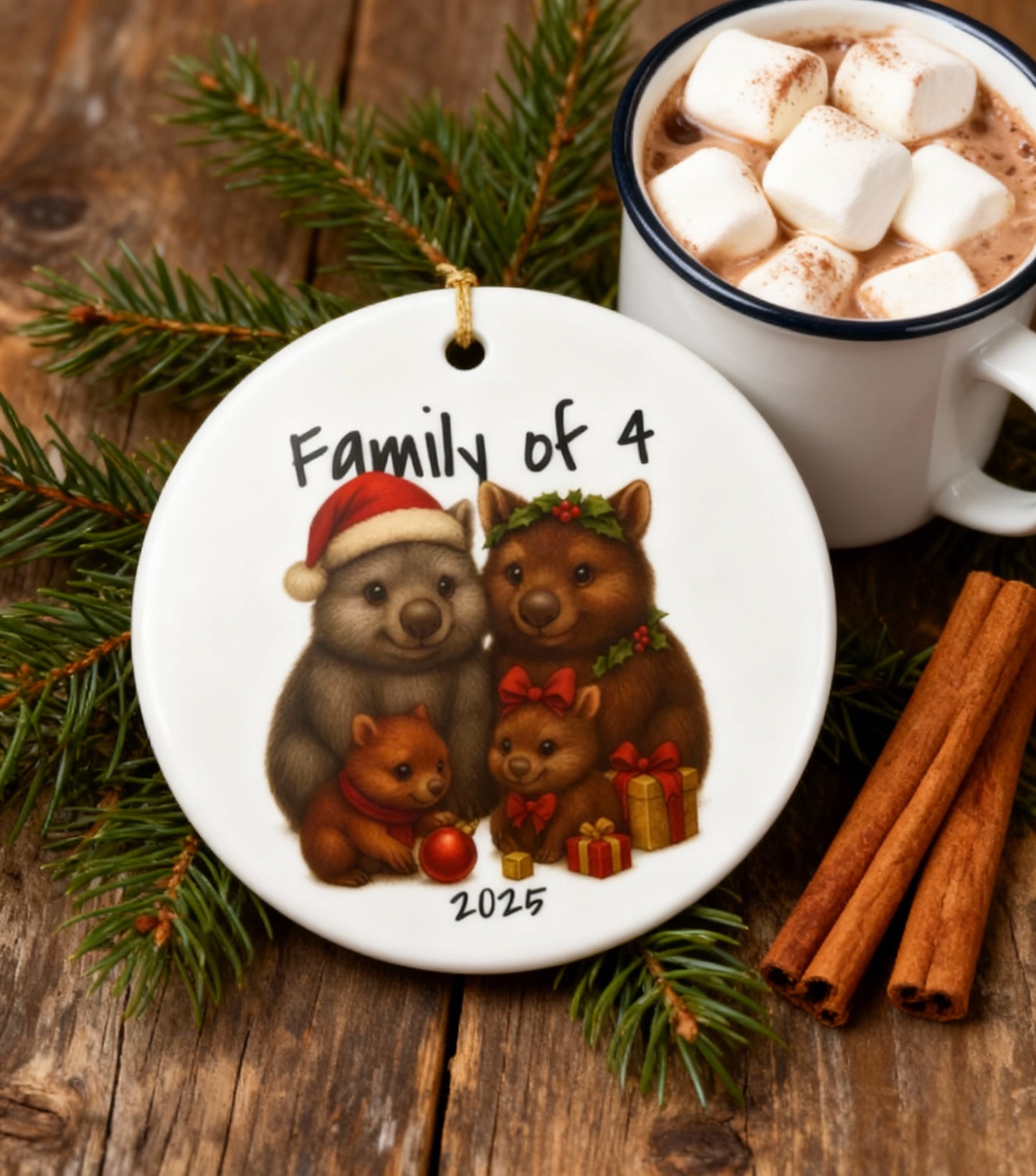 Family of 4 Australian Animal Christmas Ornament – Wombat Design – 2025 Festive Keepsake