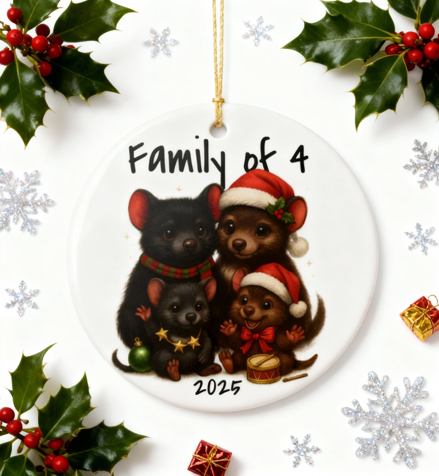 Family of 4 Australian Animal Christmas Ornament – Tasmanian Devil Design – 2025 Festive Keepsake