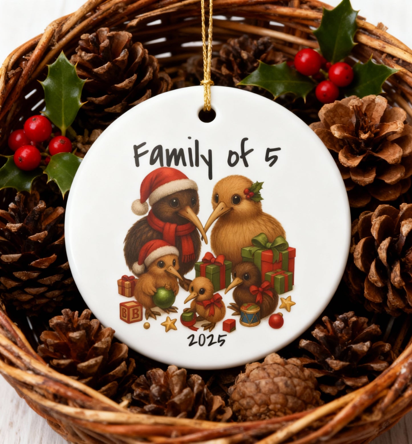 Family of 5 New Zealand Animal Christmas Ornament – Kiwi Design – 2025 Festive Keepsake