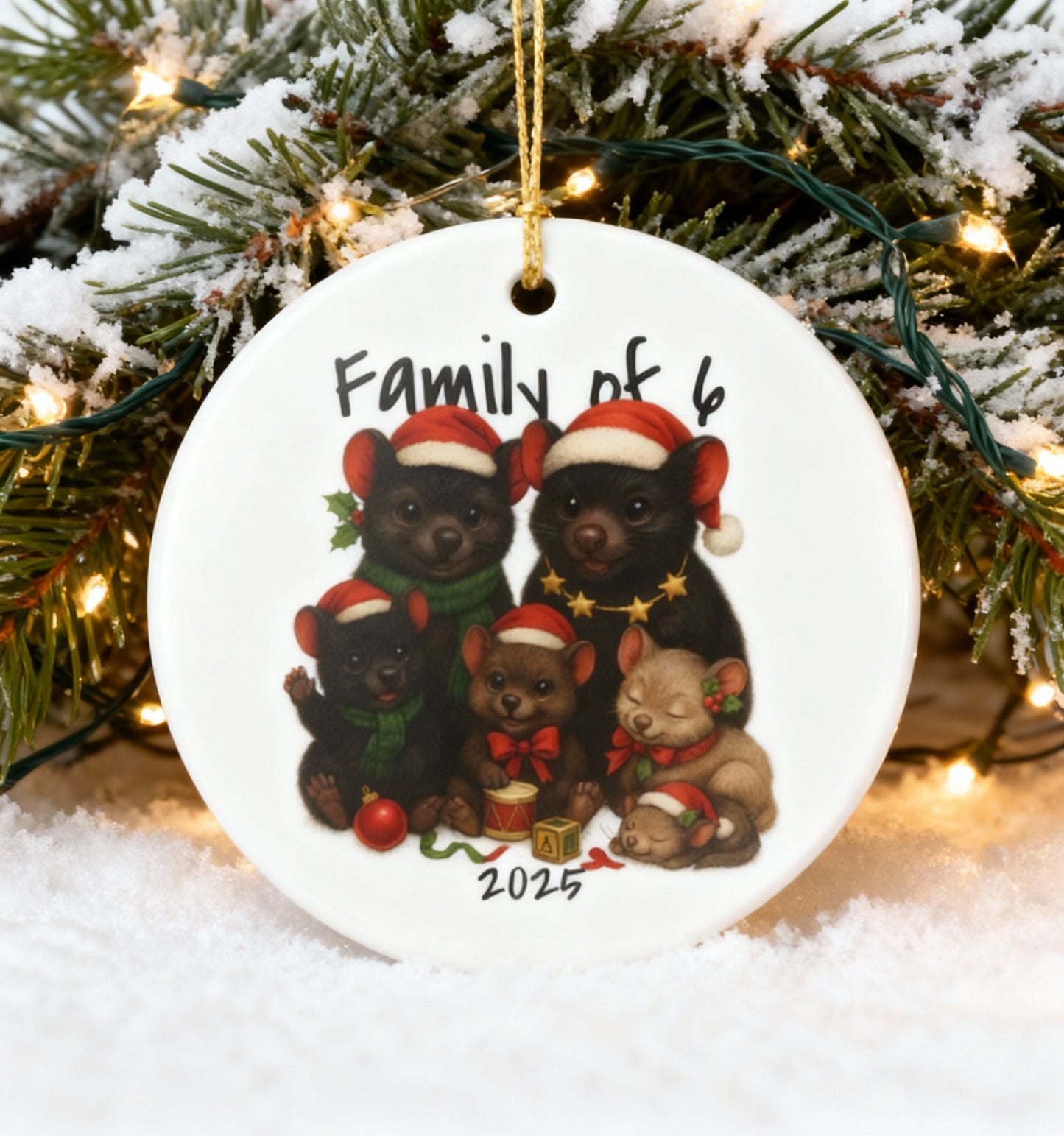 Family of 6 Australian Animal Christmas Ornament – Tasmanian Devil Design – 2025 Festive Keepsake