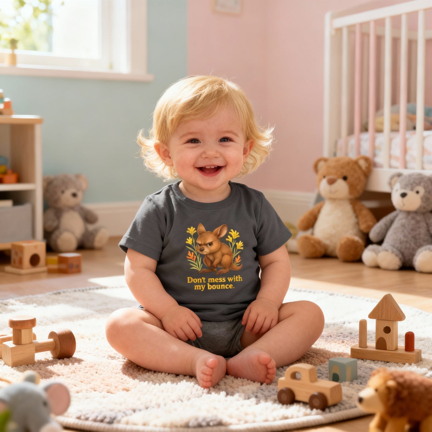 Don’t Mess With My Bounce – Baby T-Shirt | Kangaroo Joey Design | Gumleaf Gang Mischief Makers