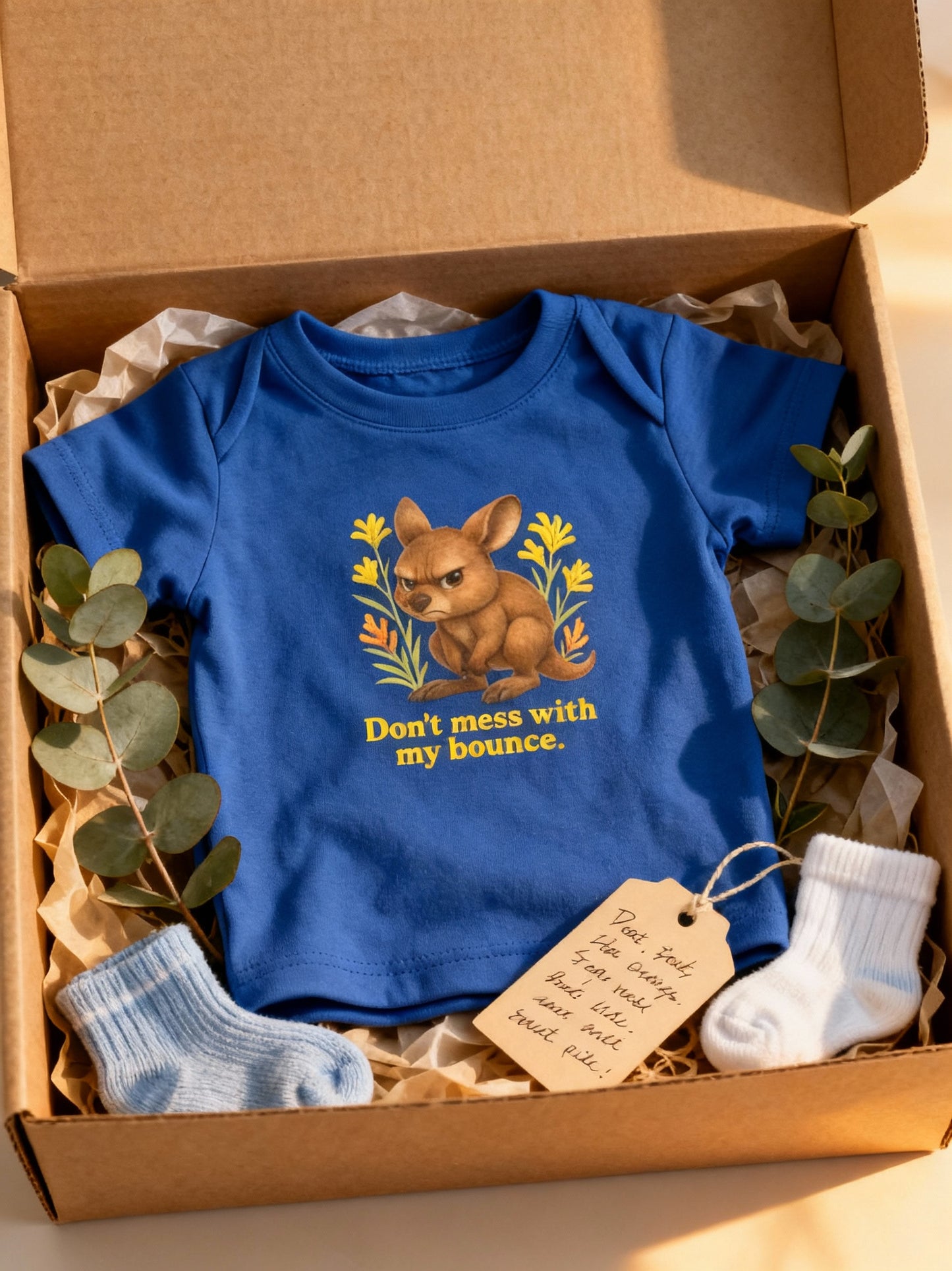 Don’t Mess With My Bounce – Baby T-Shirt | Kangaroo Joey Design | Gumleaf Gang Mischief Makers