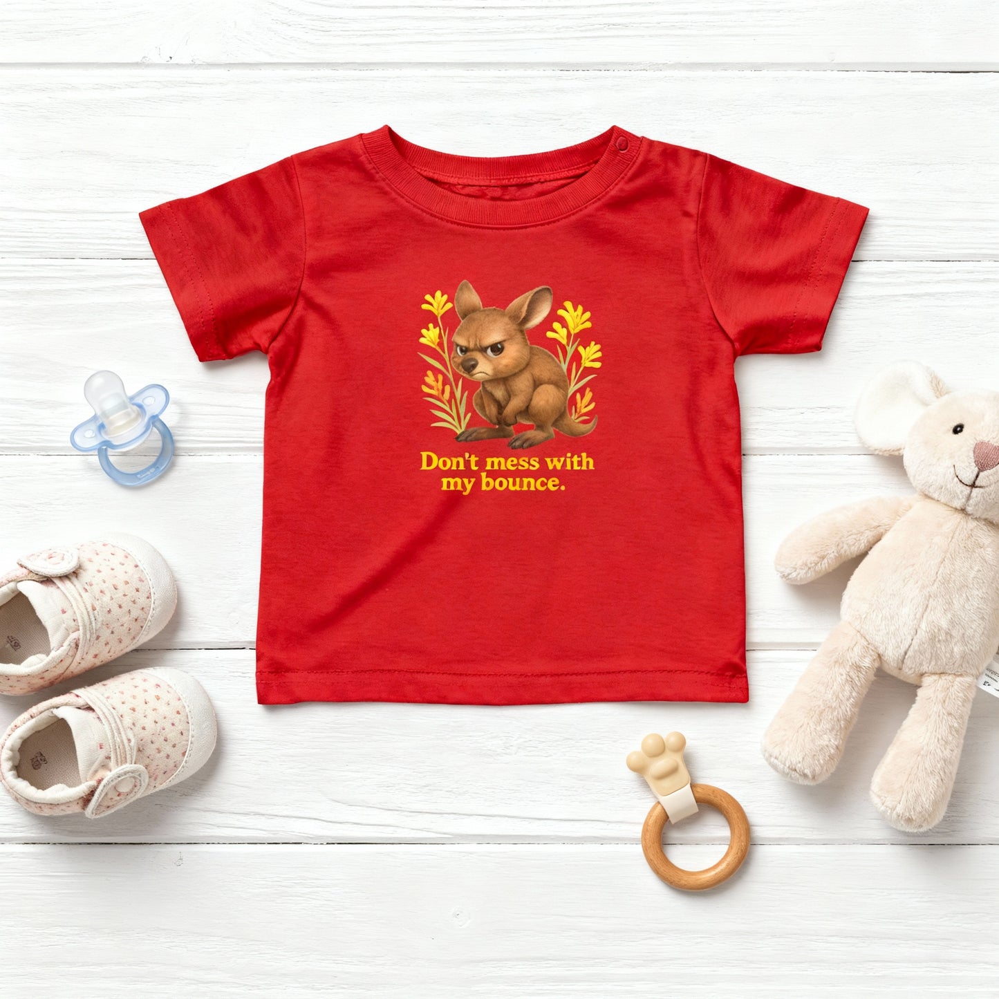 Don’t Mess With My Bounce – Baby T-Shirt | Kangaroo Joey Design | Gumleaf Gang Mischief Makers