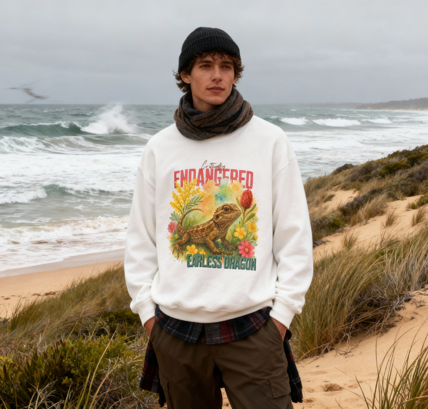 Critically Endangered Canberra Grassland Earless Dragon - Adult Sweatshirt – Australian Wildlife Awareness