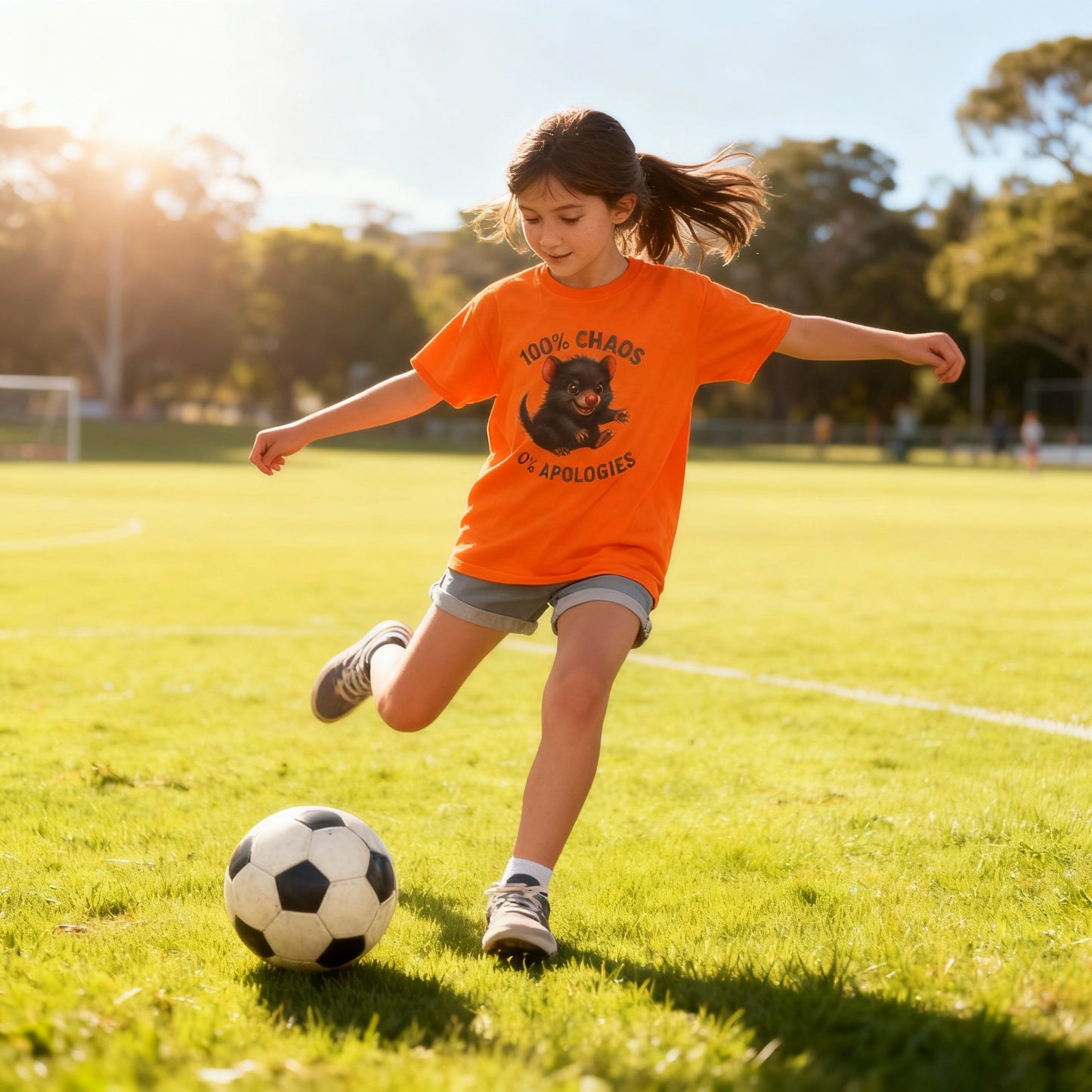 100% Chaos 0% Apologies – Kids T-Shirt | Tasmanian Devil Design | Gumleaf Gang Mischief Makers