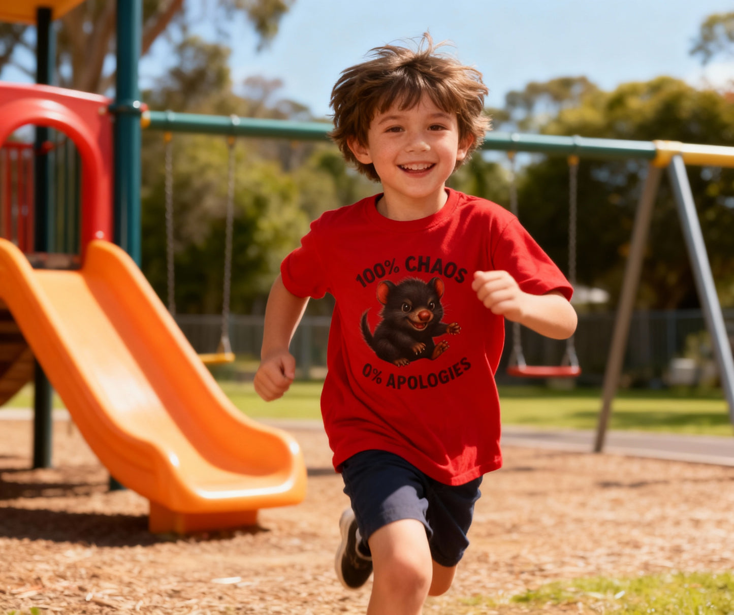 100% Chaos 0% Apologies – Kids T-Shirt | Tasmanian Devil Design | Gumleaf Gang Mischief Makers