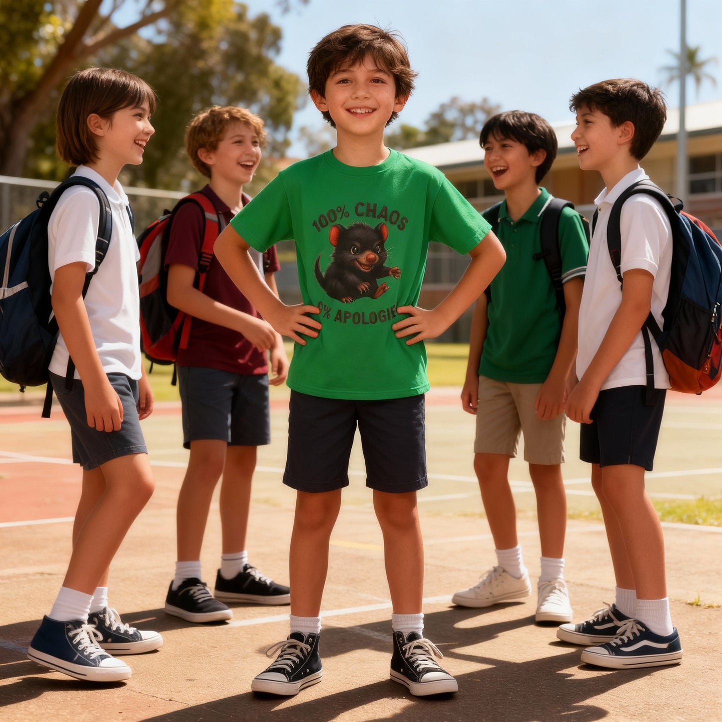 100% Chaos 0% Apologies – Kids T-Shirt | Tasmanian Devil Design | Gumleaf Gang Mischief Makers