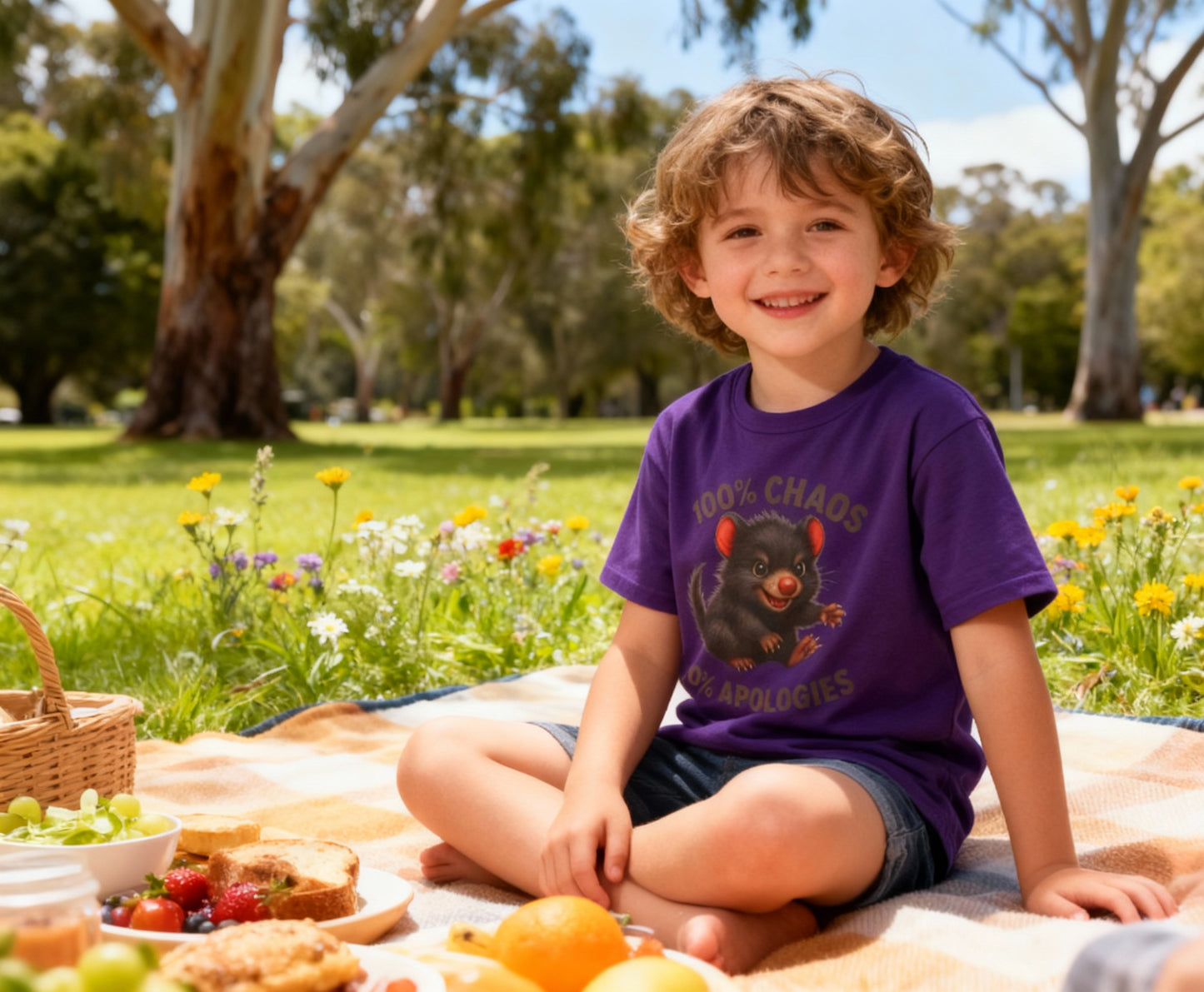 100% Chaos 0% Apologies – Kids T-Shirt | Tasmanian Devil Design | Gumleaf Gang Mischief Makers