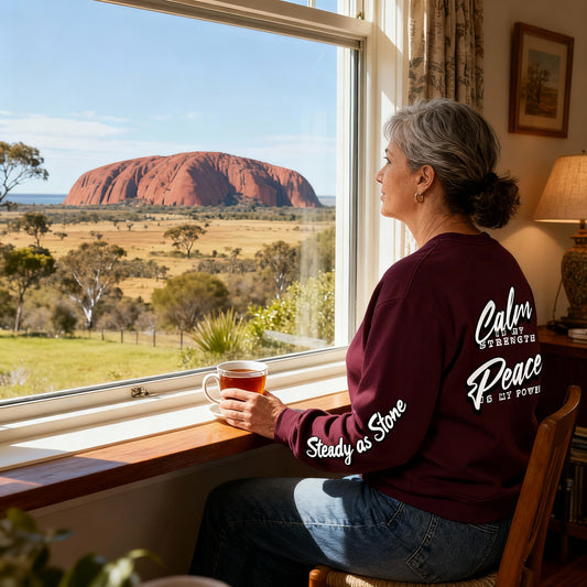 Steady as Stone – Root Chakra Affirmation Adult Sweatshirt | Calm Is My Strength, Peace Is My Power | Waratah and Wood Global Collection