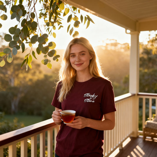 Steady as Stone – Root Chakra Affirmation Adult T-Shirt | Calm Is My Strength, Peace Is My Power | Waratah and Wood Global Collection