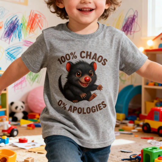 100% Chaos 0% Apologies – Toddler T-Shirt | Tasmanian Devil Design | Gumleaf Gang Mischief Makers