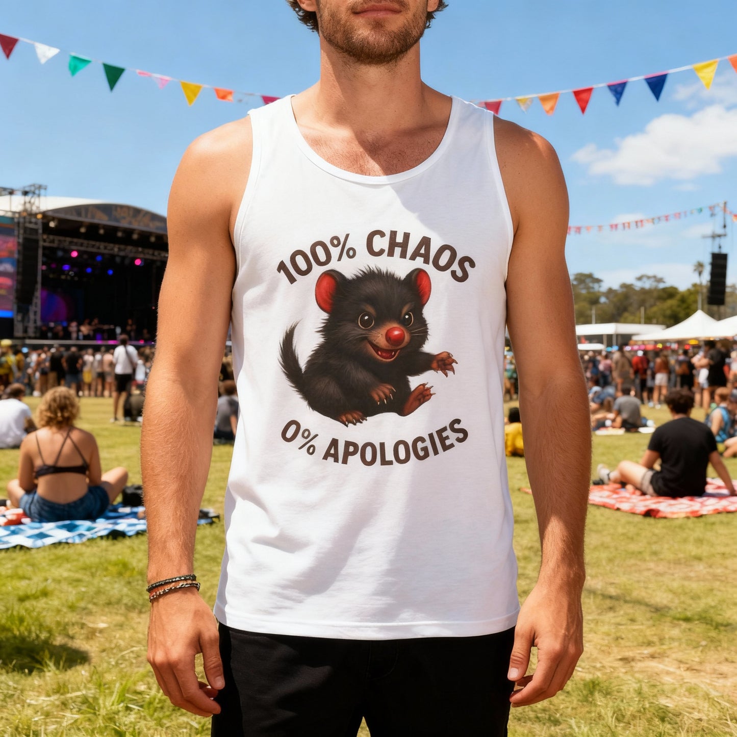 100% Chaos 0% Apologies – Adult Tank Top | Tasmanian Devil Design | Gumleaf Gang Mischief Makers