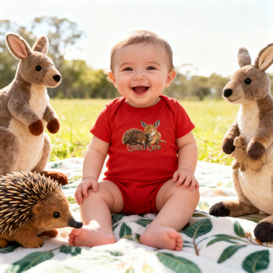 Cuddle Crew - Baby Romper | Kangaroo and Echidna Australian Wildlife Design | Gumleaf Gang Bushland Bonds