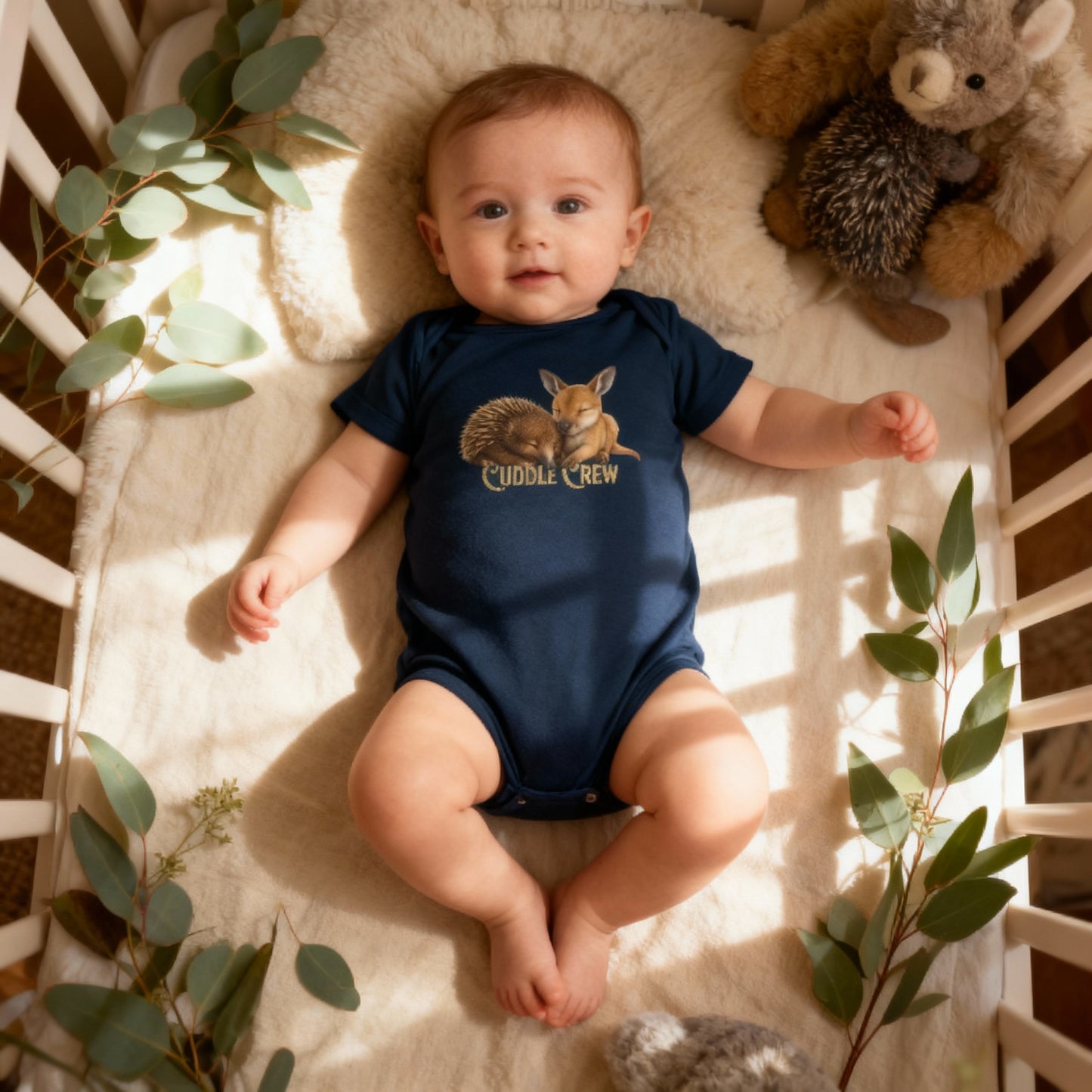 Cuddle Crew - Baby Romper | Kangaroo and Echidna Australian Wildlife Design | Gumleaf Gang Bushland Bonds