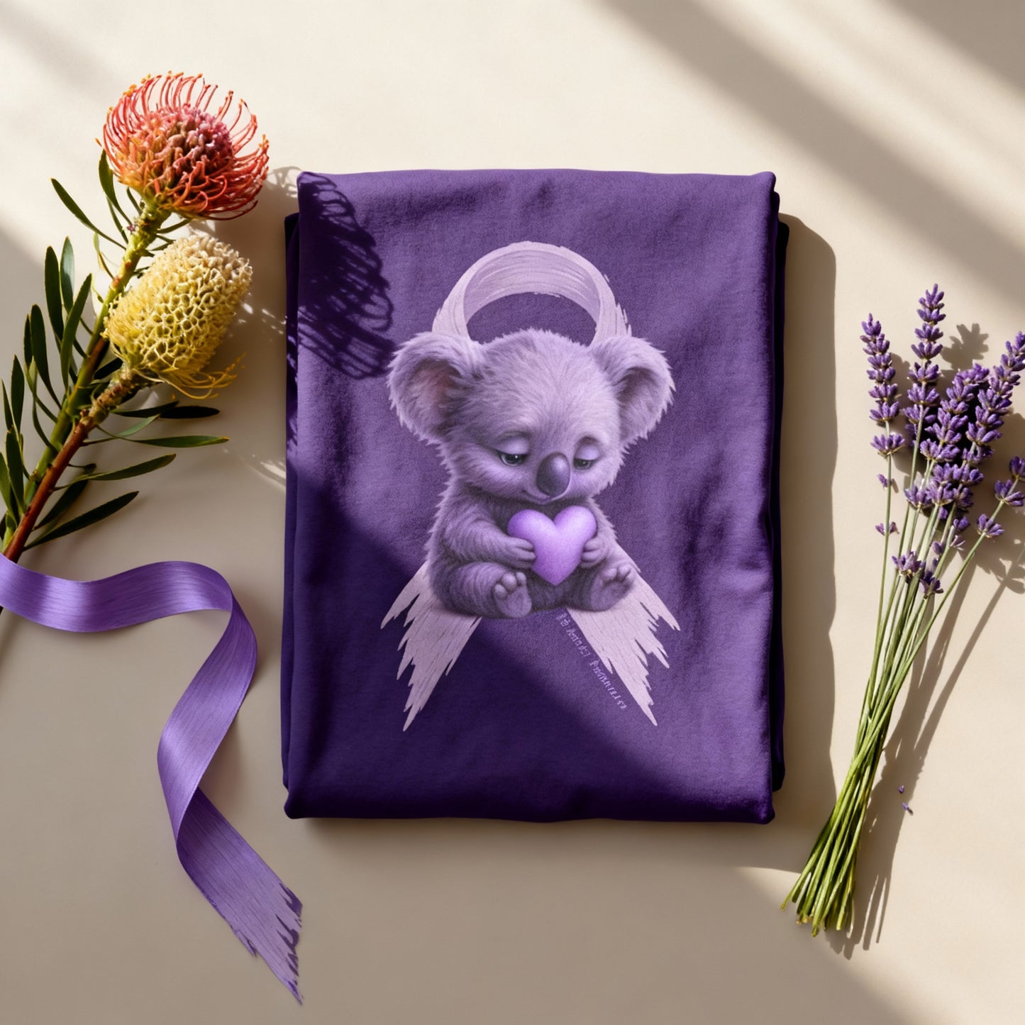 All Cancer Awareness Koala – Lavender Heart  - Adult T-Shirt | Waratah and Wood Comfort and Courage Collection