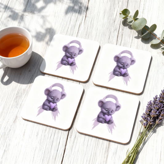 All Cancer Awareness Koala – Lavender Heart  - Set of 4 Coasters | Waratah and Wood Comfort and Courage Collection
