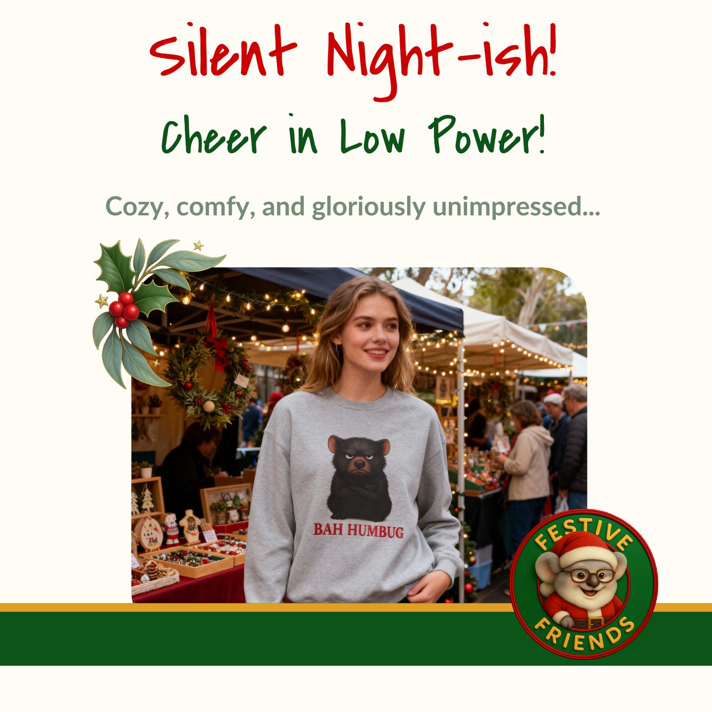 Bah Humbug Christmas – Adult Sweatshirt | Tasmanian Devil Design | Gumleaf Gang Festive Friends