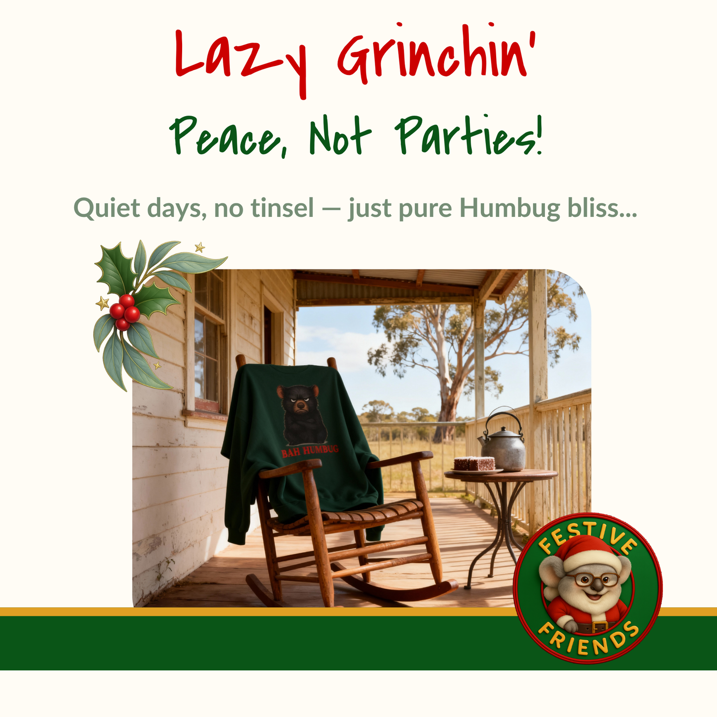 Bah Humbug Christmas – Adult Sweatshirt | Tasmanian Devil Design | Gumleaf Gang Festive Friends