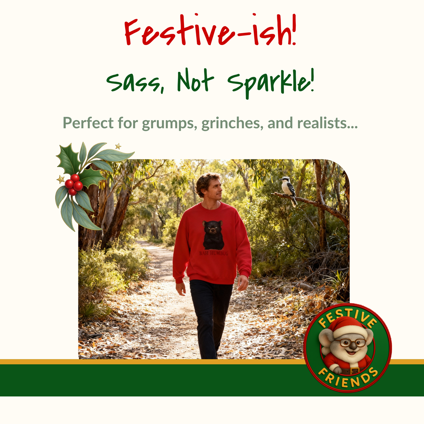 Bah Humbug Christmas – Adult Sweatshirt | Tasmanian Devil Design | Gumleaf Gang Festive Friends