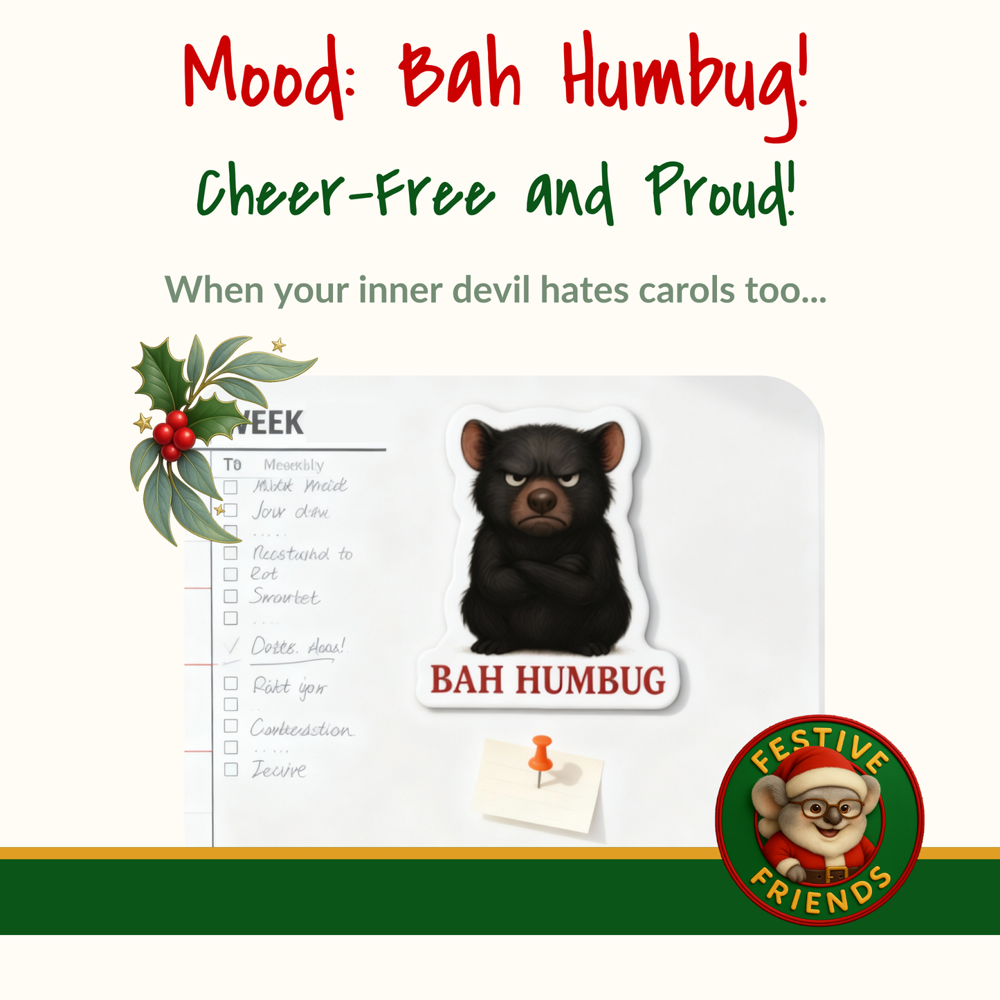 Bah Humbug Christmas – Die Cut Magnet | Tasmanian Devil Design | Gumleaf Gang Festive Friends