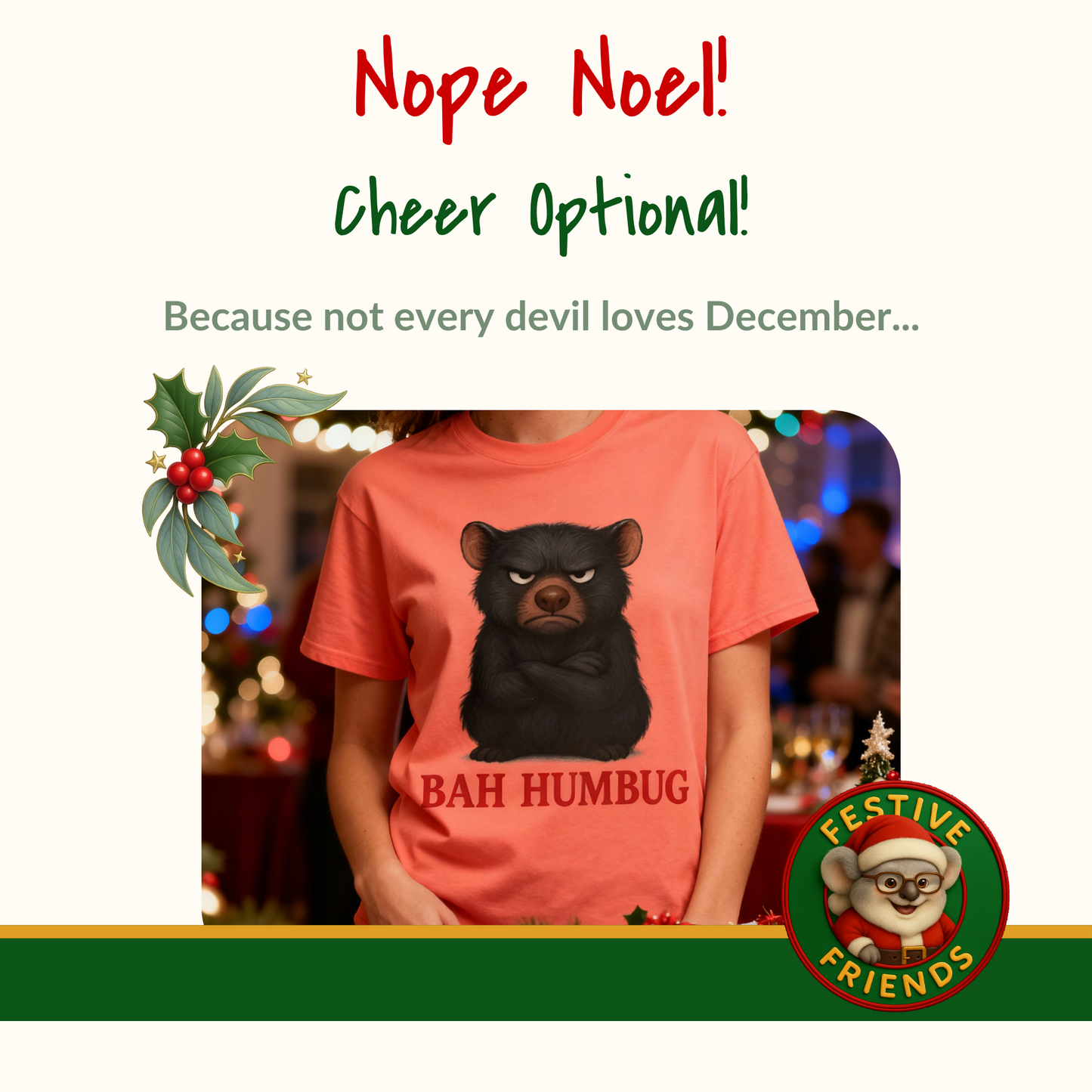 Bah Humbug Christmas – Adult T-Shirt | Tasmanian Devil Design | Gumleaf Gang Festive Friends