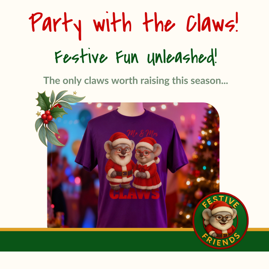 Mr and Mrs Claws – Adult T-Shirt | Koala Santa and Mrs Claws Design | Gumleaf Gang Festive Friends