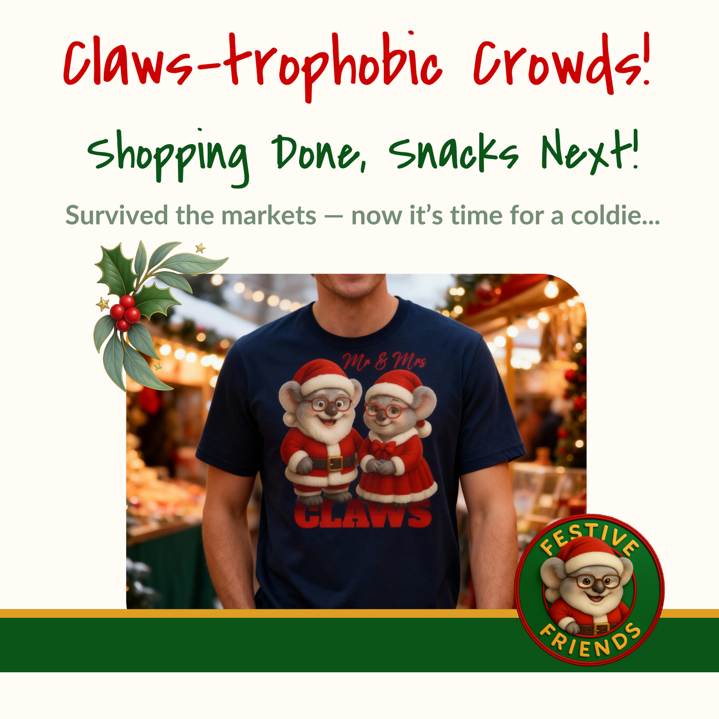 Mr and Mrs Claws – Adult T-Shirt | Koala Santa and Mrs Claws Design | Gumleaf Gang Festive Friends