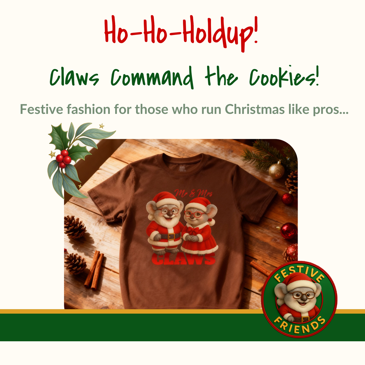 Mr and Mrs Claws – Adult T-Shirt | Koala Santa and Mrs Claws Design | Gumleaf Gang Festive Friends