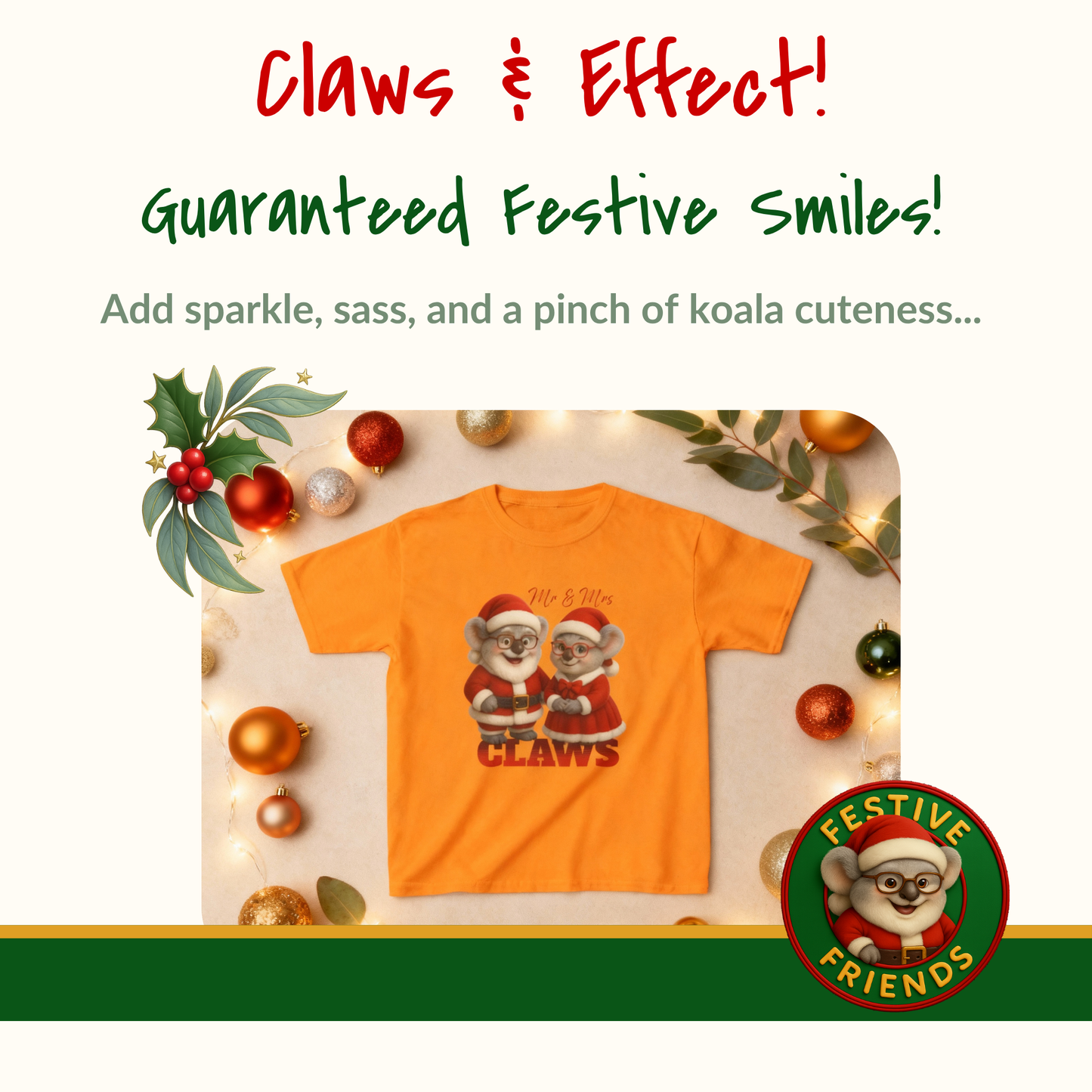 Mr and Mrs Claws – Kids T-Shirt | Koala Santa and Mrs Claws Design | Gumleaf Gang Festive Friends