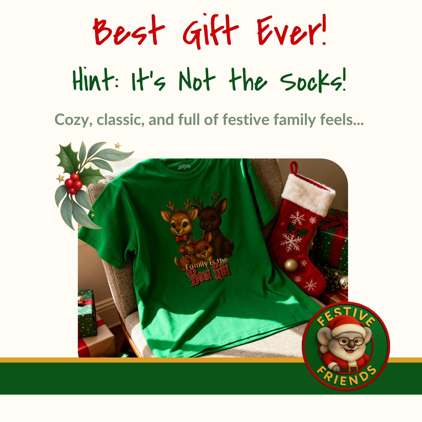 Family is the Best Gift – Adult T-Shirt | Kangaroo Christmas Design | Gumleaf Gang Festive Friends