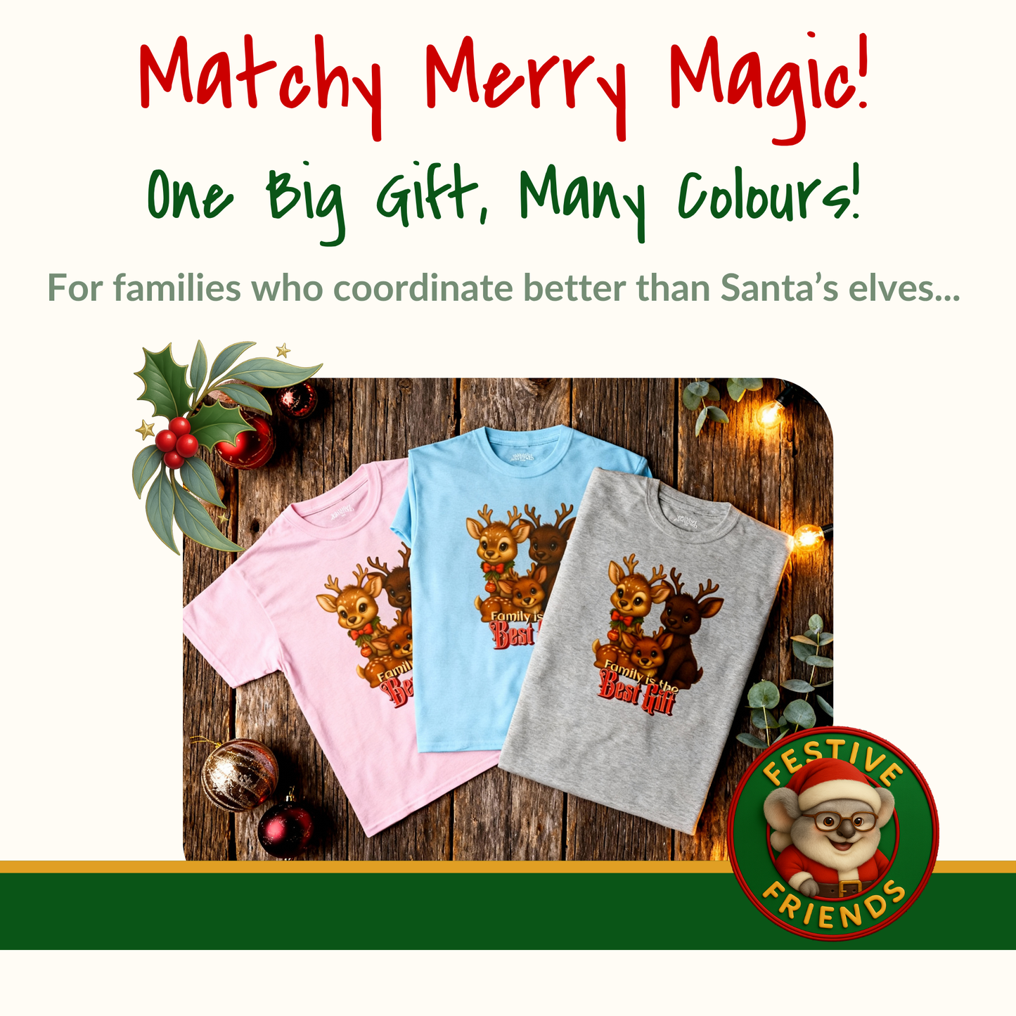 Family is the Best Gift – Kids T-Shirt | Kangaroo Christmas Design | Gumleaf Gang Festive Friends