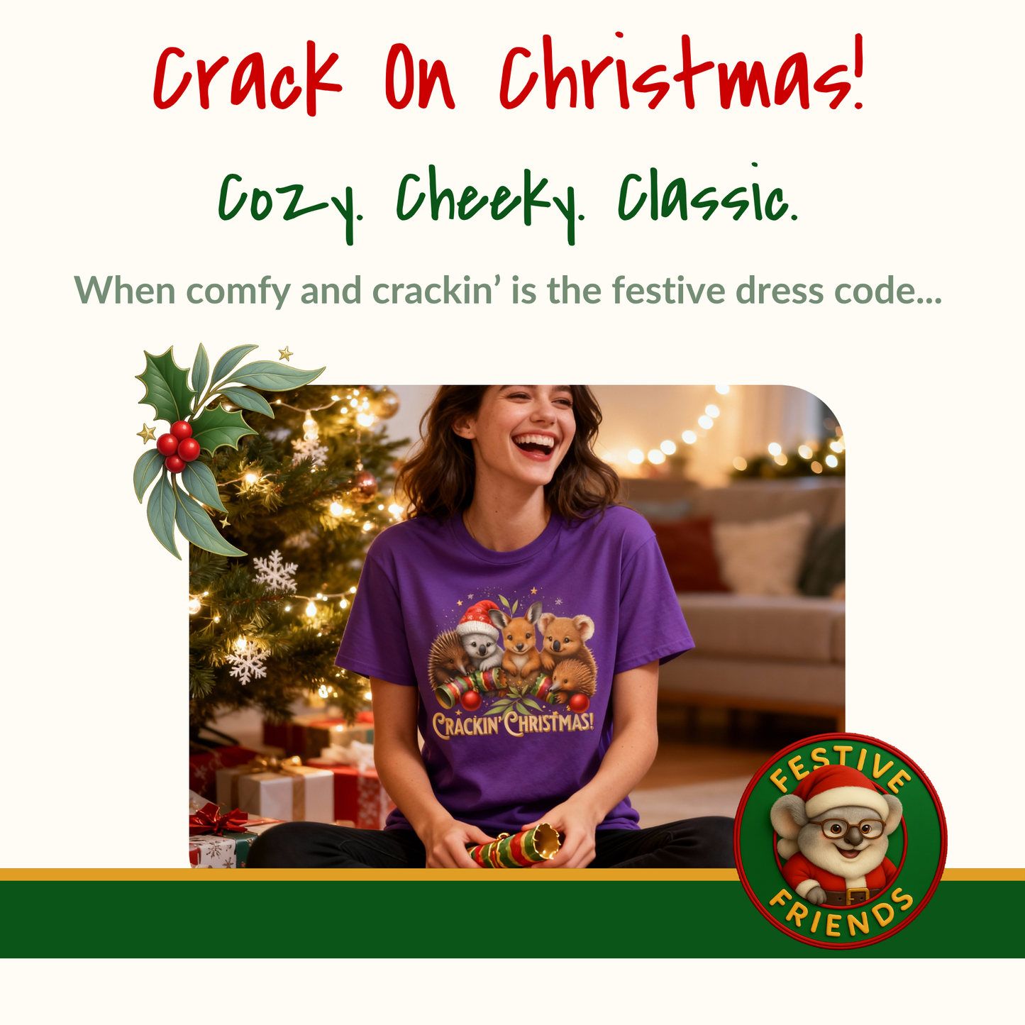 Crackin’ Christmas – Adult T-Shirt | Aussie Wildlife Koala, Kangaroo and Echidna | Gumleaf Gang Festive Friends