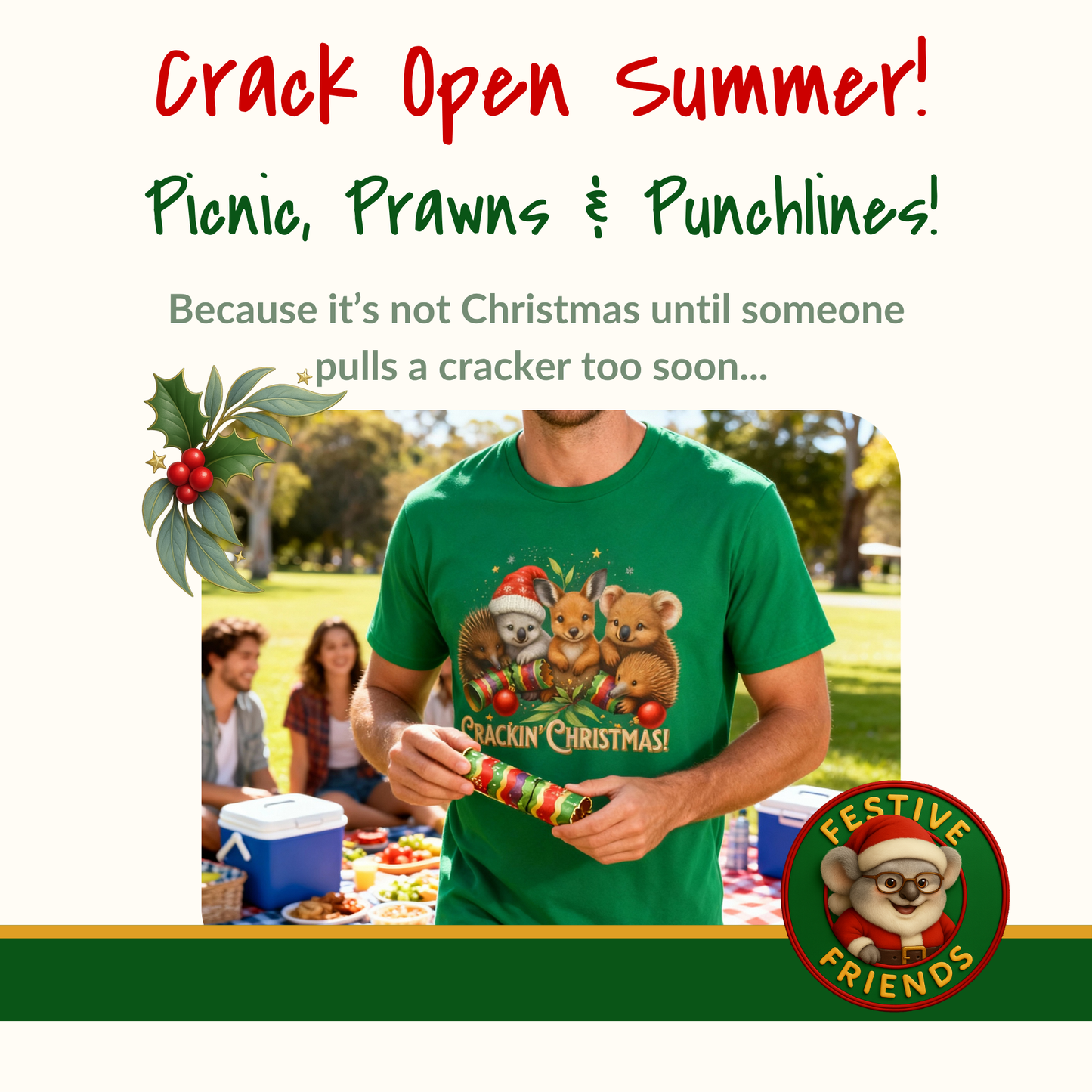 Crackin’ Christmas – Adult T-Shirt | Aussie Wildlife Koala, Kangaroo and Echidna | Gumleaf Gang Festive Friends