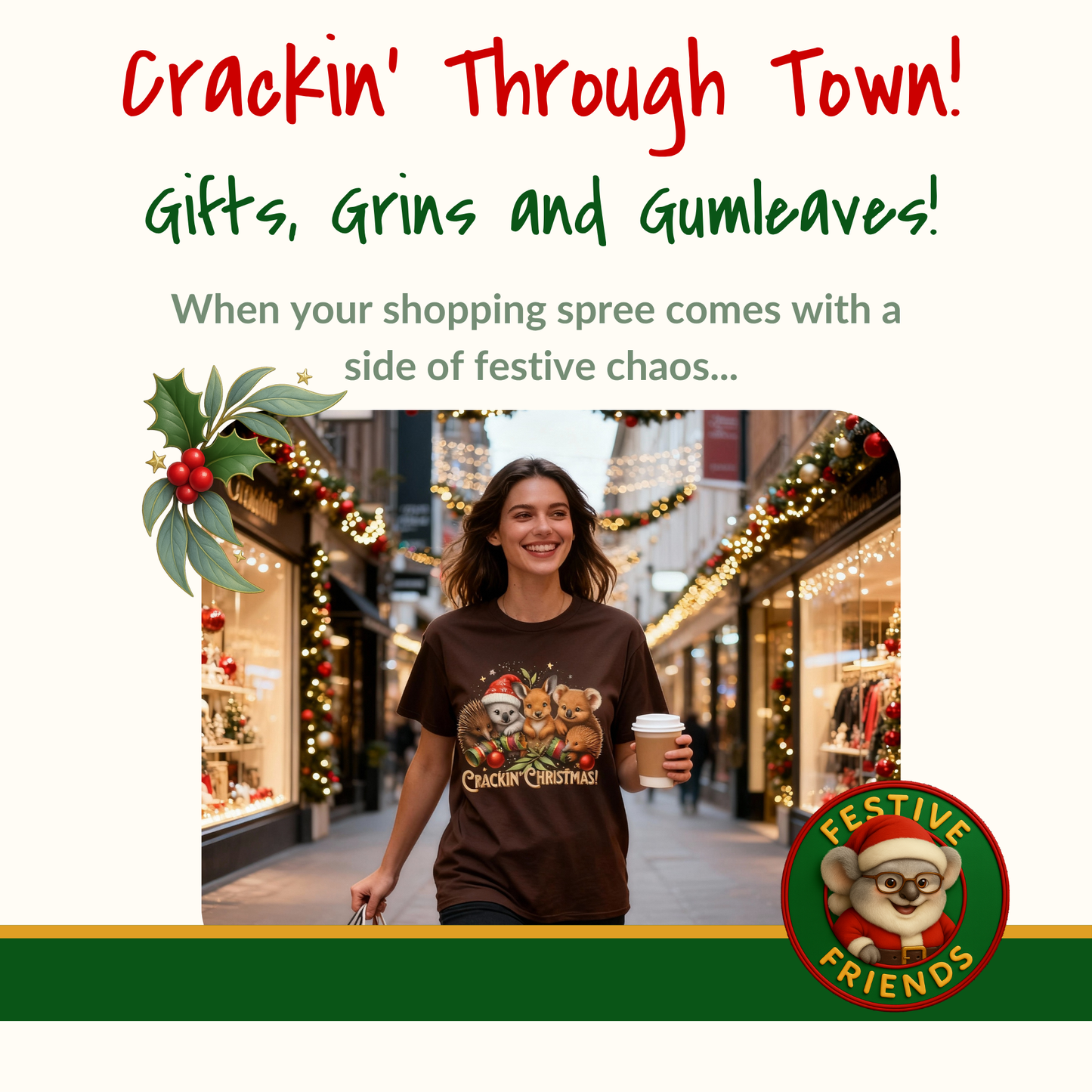 Crackin’ Christmas – Adult T-Shirt | Aussie Wildlife Koala, Kangaroo and Echidna | Gumleaf Gang Festive Friends