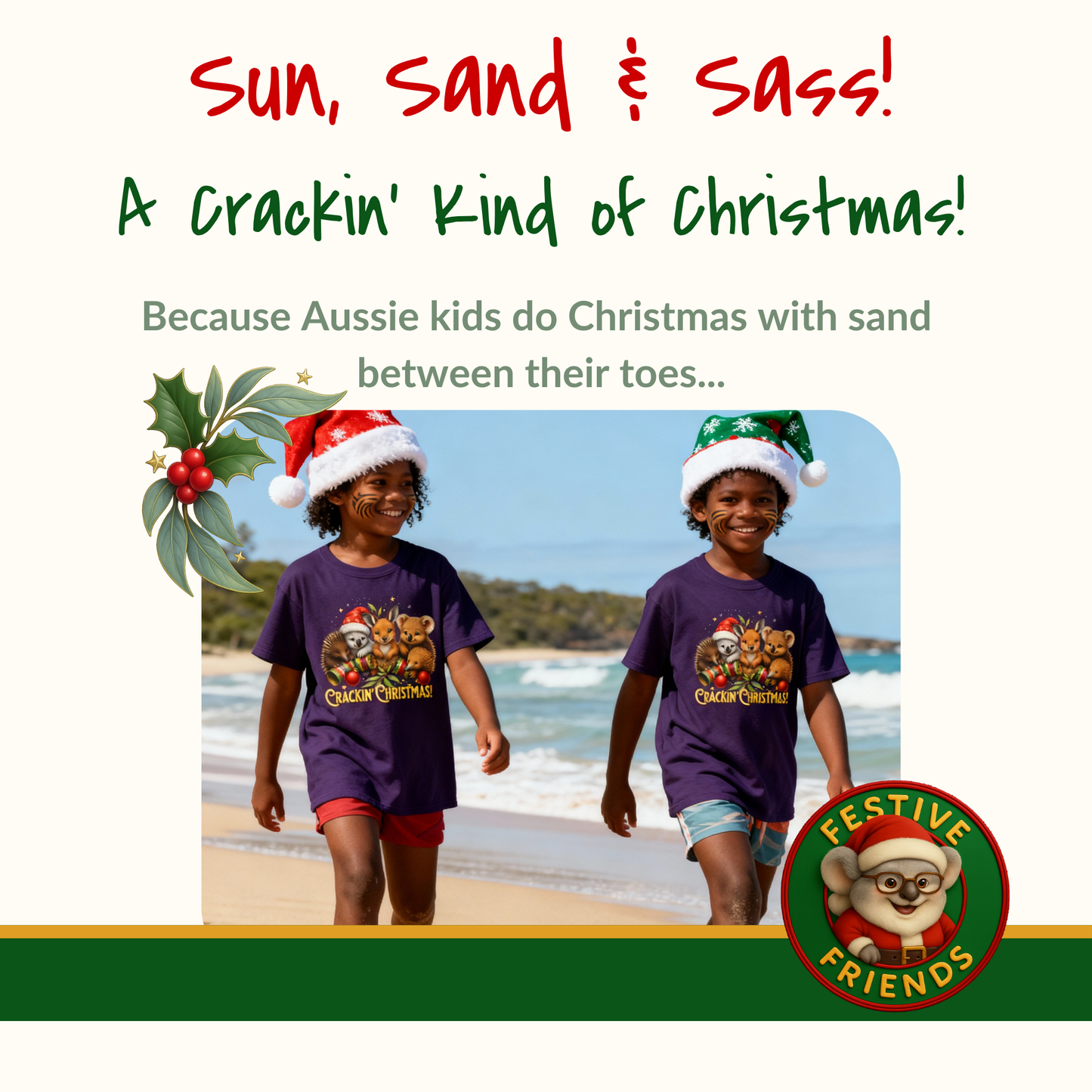 Crackin’ Christmas – Kids T-Shirt | Aussie Wildlife Koala, Kangaroo and Echidna | Gumleaf Gang Festive Friends