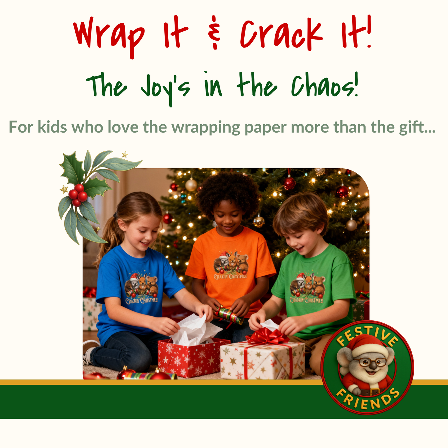 Crackin’ Christmas – Kids T-Shirt | Aussie Wildlife Koala, Kangaroo and Echidna | Gumleaf Gang Festive Friends
