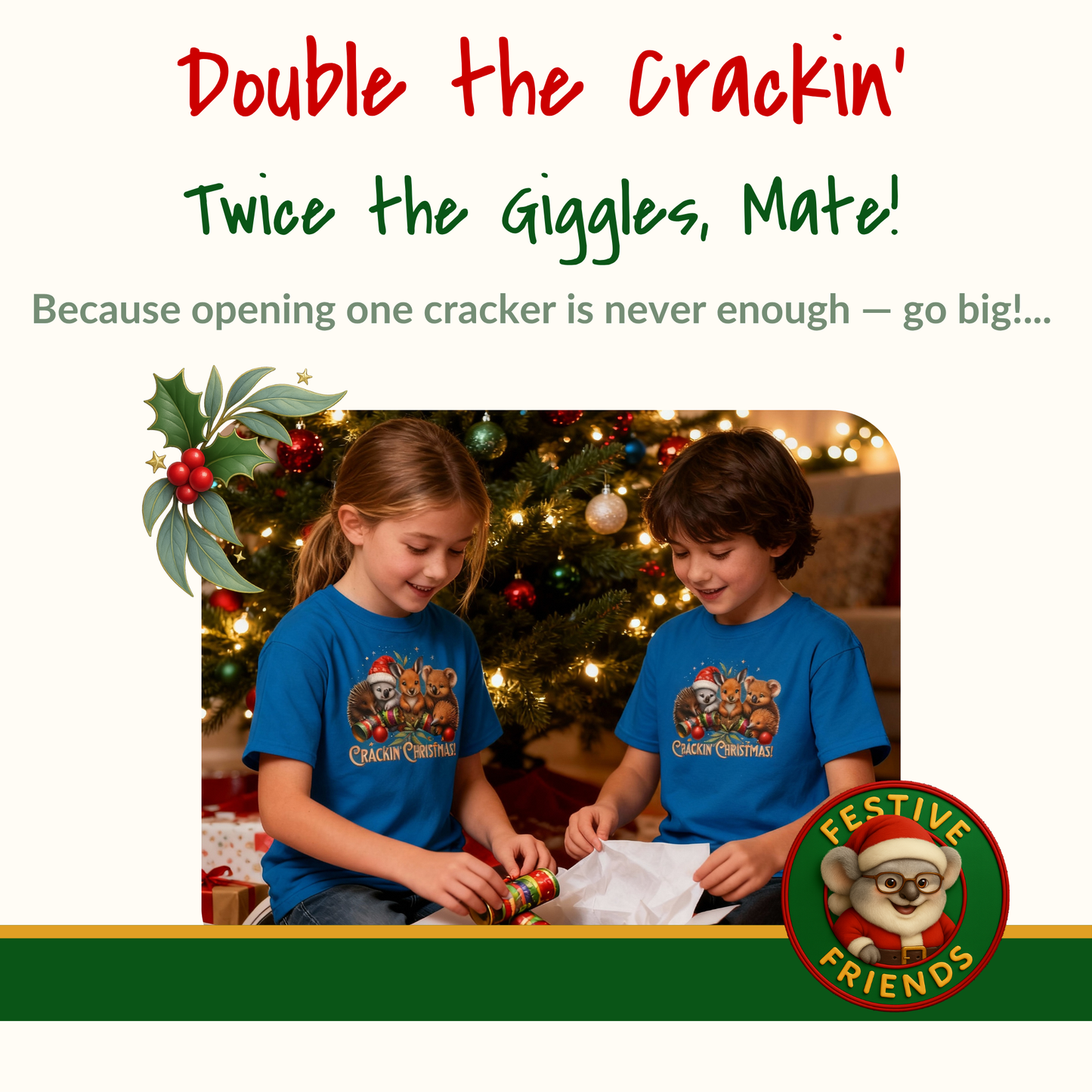 Crackin’ Christmas – Kids T-Shirt | Aussie Wildlife Koala, Kangaroo and Echidna | Gumleaf Gang Festive Friends