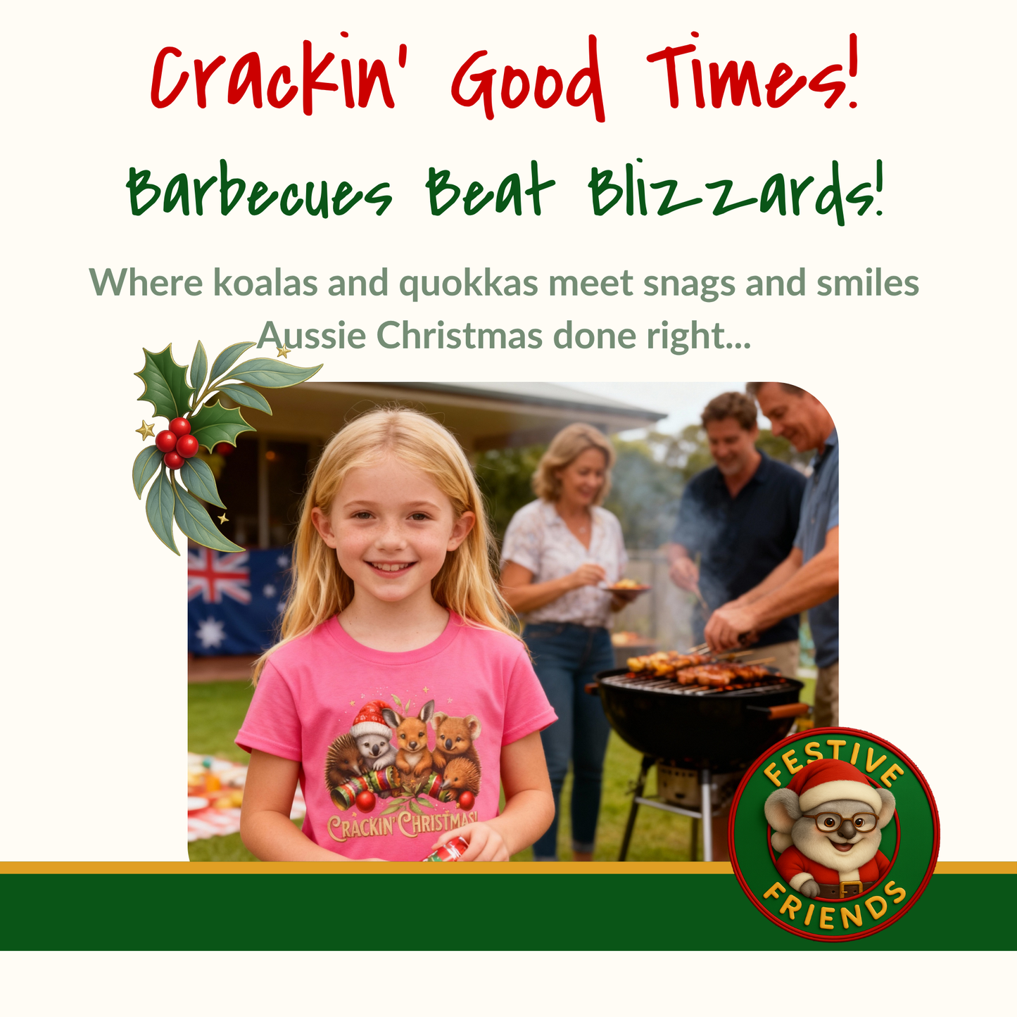 Crackin’ Christmas – Kids T-Shirt | Aussie Wildlife Koala, Kangaroo and Echidna | Gumleaf Gang Festive Friends